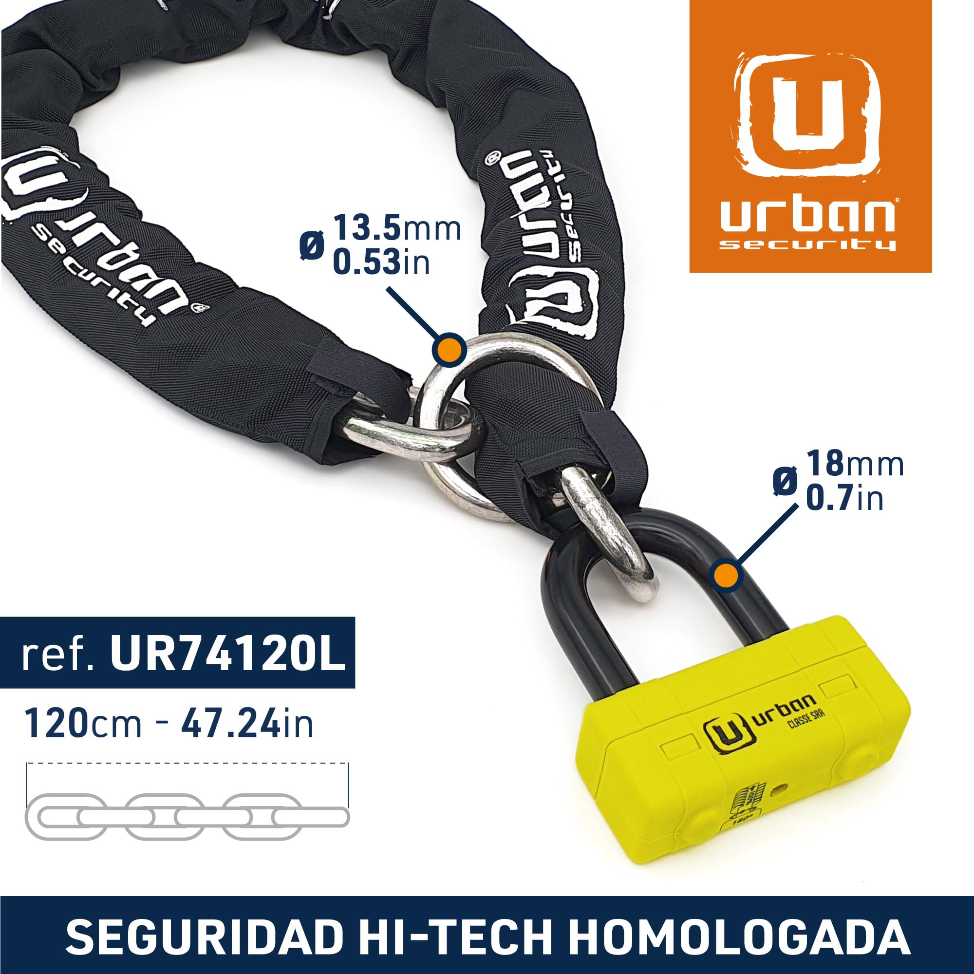URBAN UR74120L Cadena Candado Antirrobo Con Anilla Pesado ø13mm + Mini U, Alta Seguridad Homologada SRA, 120cm Mayor Distancia, Antirobo Multifunción para Disco Freno, Anclaje, Motocicleta, Parking