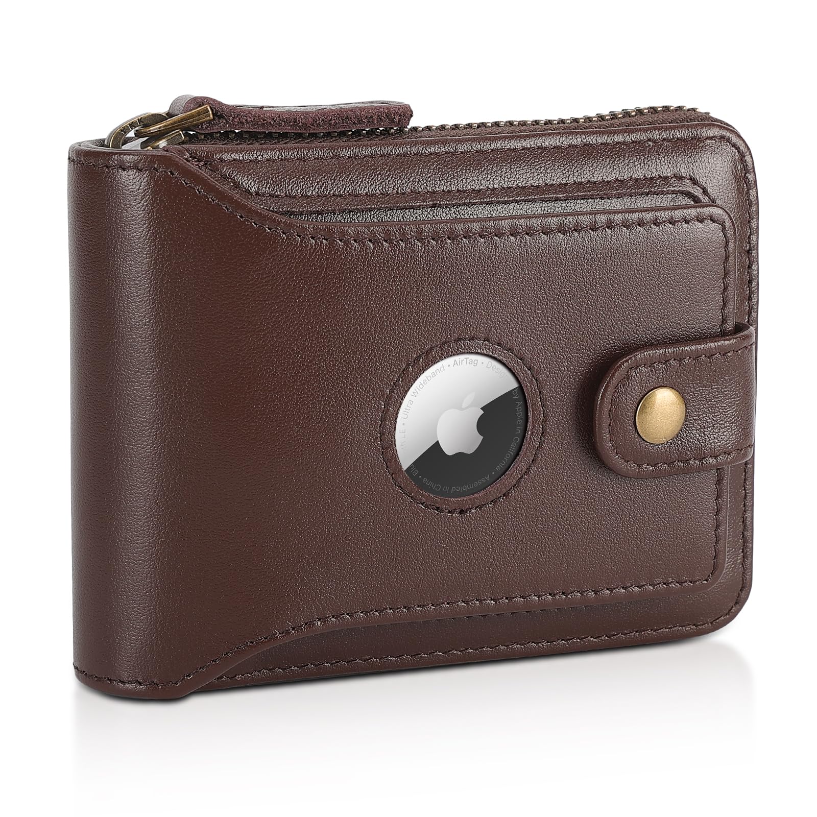 Polare Napa Leather Wallet for Men Bifold RFID Blocking Cash Credit Card Case with Air Tag Slot and YKK Zip Coin Pocket (Coffee with AirTag Slot)