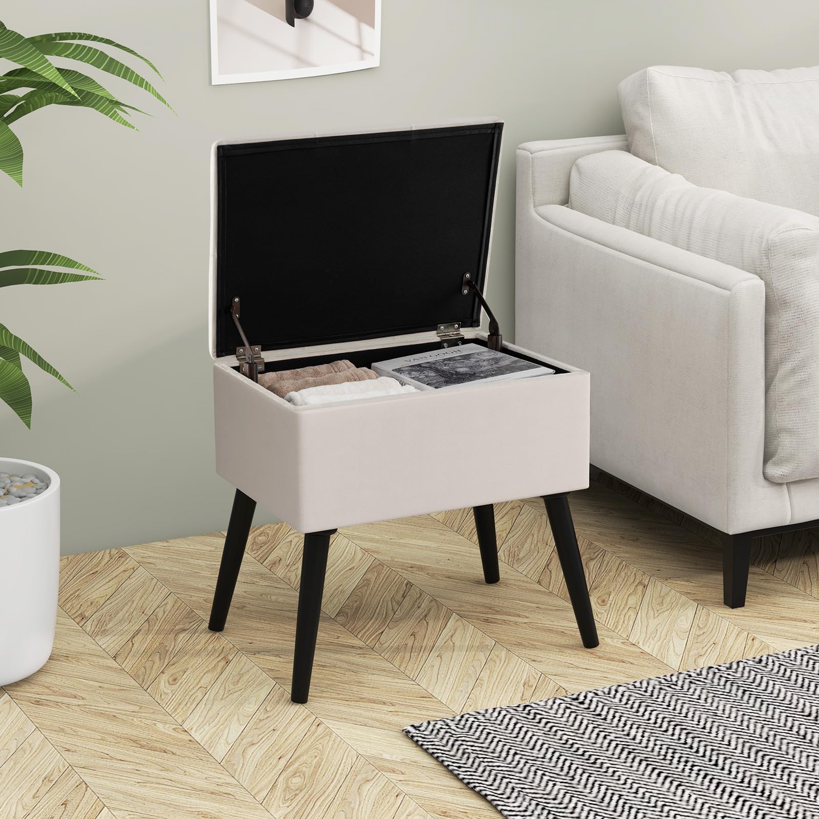COSTWAY Tabouret Coiffeuse avec Rangement, Pouf Rangement en Velours, Pieds en Bois Massif, Siège Rembourré Rabattable, Banc Chaussures Entrée, pour Chambre Salon Coiffeuse, Charge 150 kg (Beige)