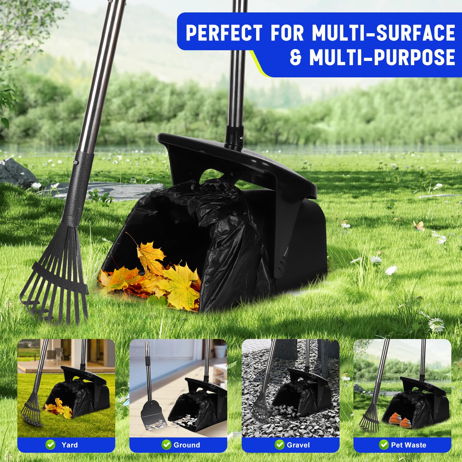 3 Pack Hundekotschaufel, 100CM Länge Griff Pooper Scooper Dreheimer, Rechen und Spaten mit 20 Abfallbeuteln & Haken Tragbarer Poop Scooper ohne Bücken für große mittlere kleine Hunde