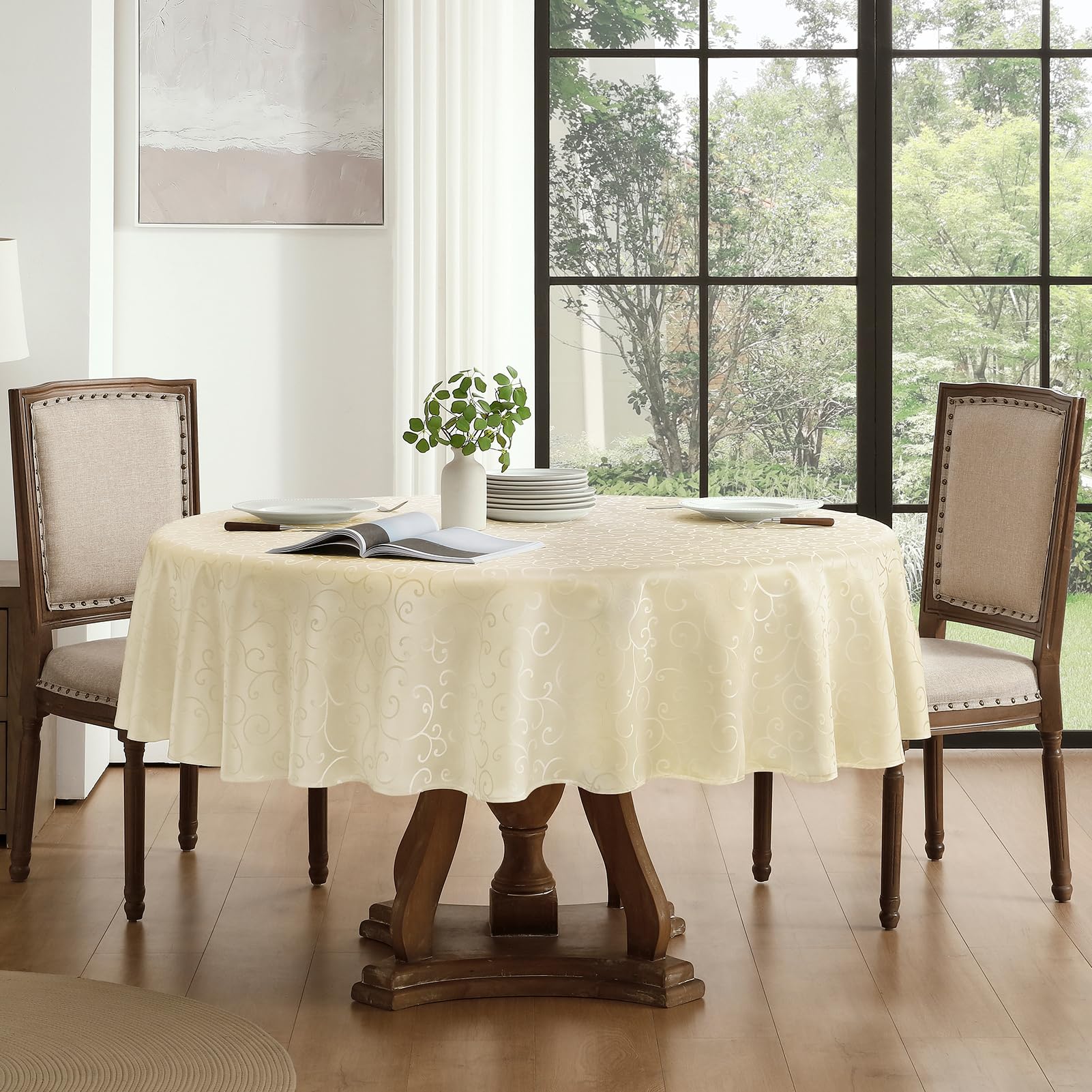 Romanstile Tovaglia Rotonda 180 cm Diametro Primaverile Jacquard Elegante Tovaglie Beige idrorepellente da Esterno 6-8 posti Perfetta per la Grande Tavola Festiva per Pasqua,Campagna,Ricevimento,Caffè