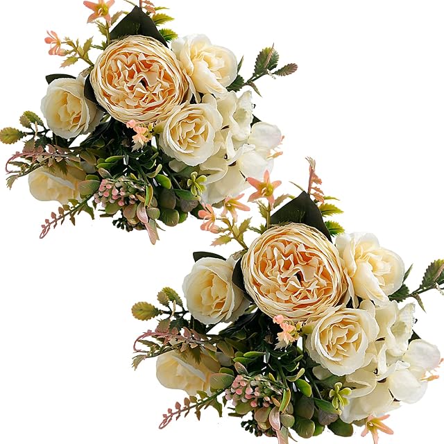 linhaida Artificial Flowers, 2Pcs Fake Peony Silk Hydrangea Flower Bouquet Realistic Carnations Berries Flowers Arrangements Table Centerpieces Wedding Bouquets for Party Home Décor (Champagne)
