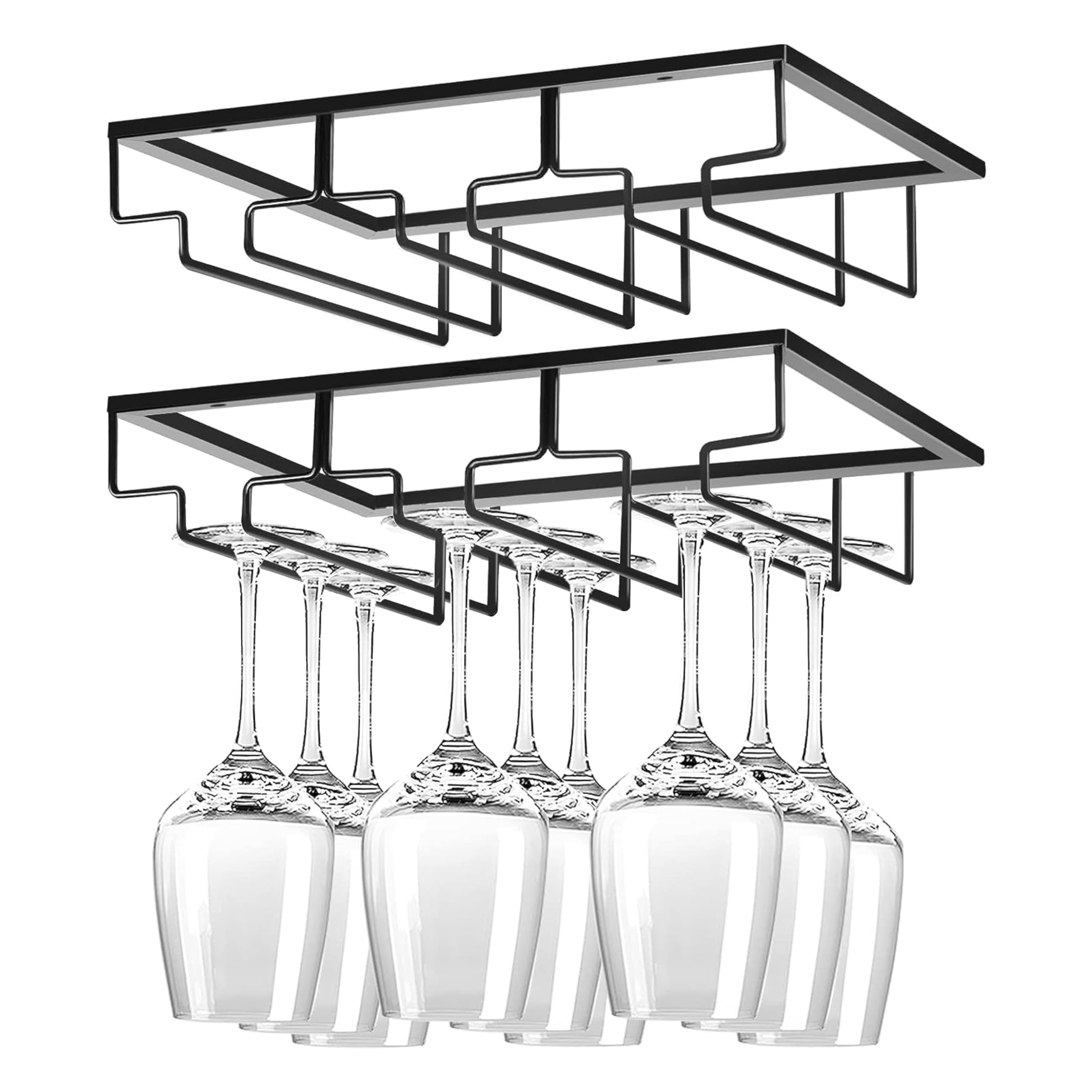REGAL TRUNK & CO. Wine Glass Holder Under Shelf, 2" Hx12 Lx9 W - Pack of 2 Under Cabinet Mounted Wine Glass Hangers - Holds 6-9 Stemmed Glasses - Practical Rack for Your Stemware Collection (Black)