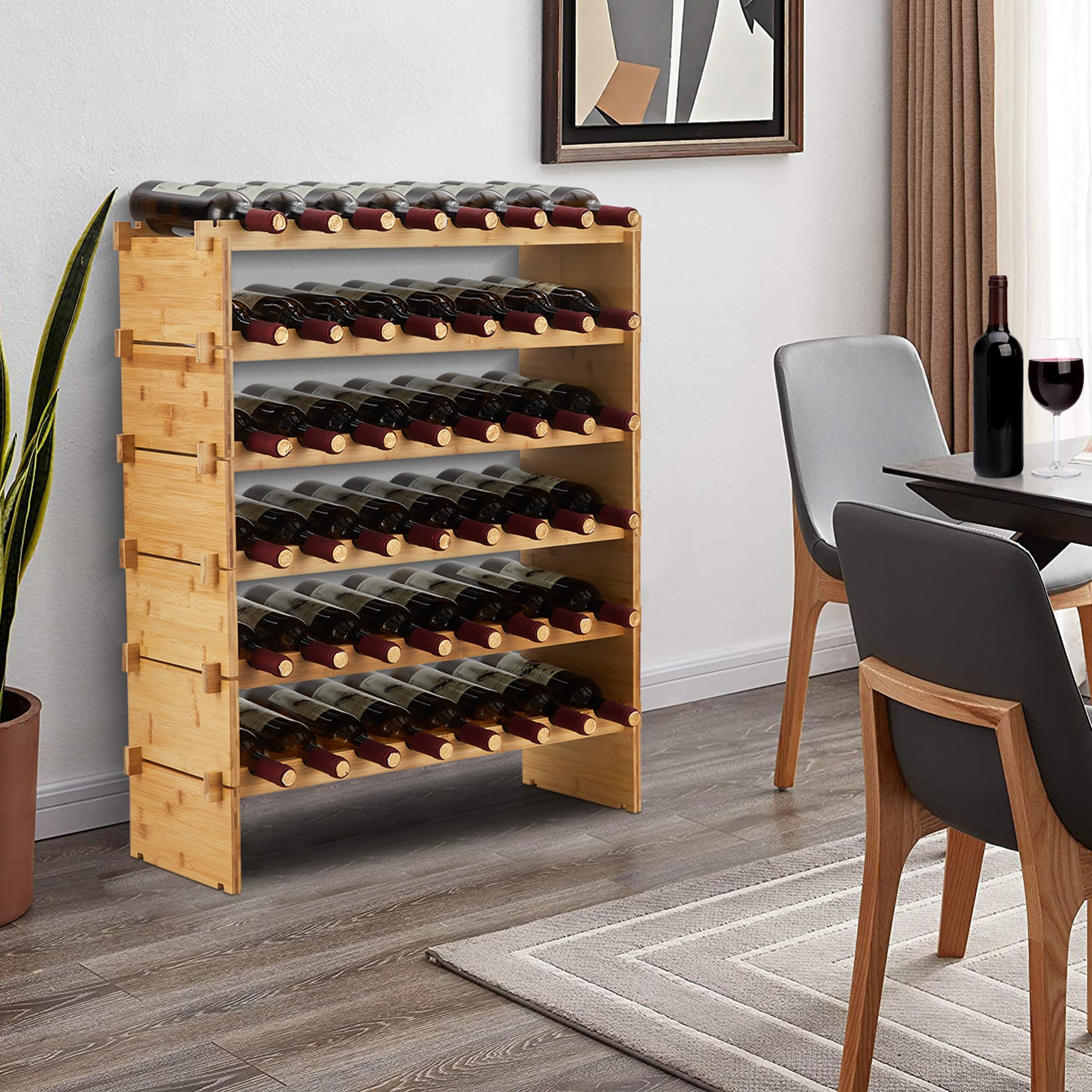 GarveeHome Regał na wino, bambusowy, można układać w stos, stojak na butelki, jakość AA, bez śrub, zajmuje mało miejsca, do piwnicy, baru, kuchni i jadalni