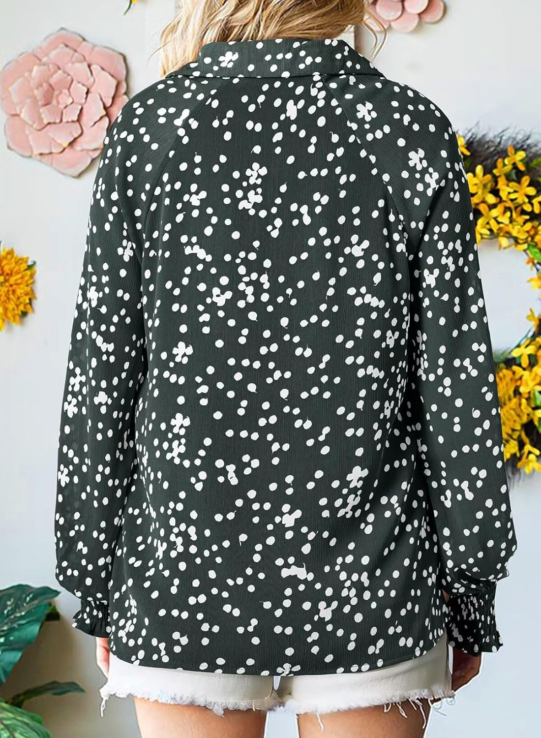 Astylish Womens Fashion Smocked Raglan Sleeves V Neck Collared Tops Chiffon Alicia Flower Print Blouses Spring Dressy Shirts Work Business Boho Tunic Green X-Large - Image 3