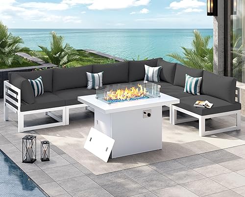 Miniatura 733 de NICESOUL 7 Piece White Powder-Coated Aluminum Patio Furniture with Fire Pit Table, 29 Inch Extra Wide Outdoor Sectional Sofa for 6, High-End Heavy