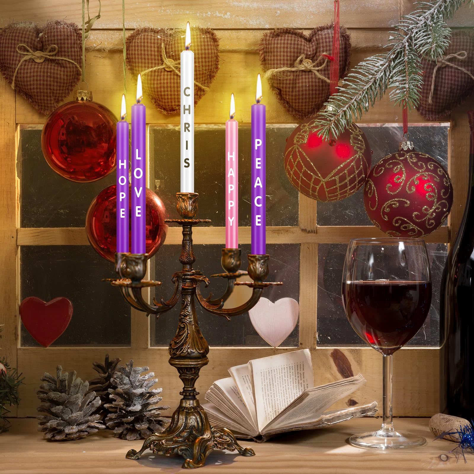 Nuanchu 5 velas de Adviento de Navidad, velas de Adviento con palabras, esperanza, paz, amor, alegría, Navidad, Adviento de Navidad, celebraciones de temporada, para decoración de vacaciones (25,4 cm)