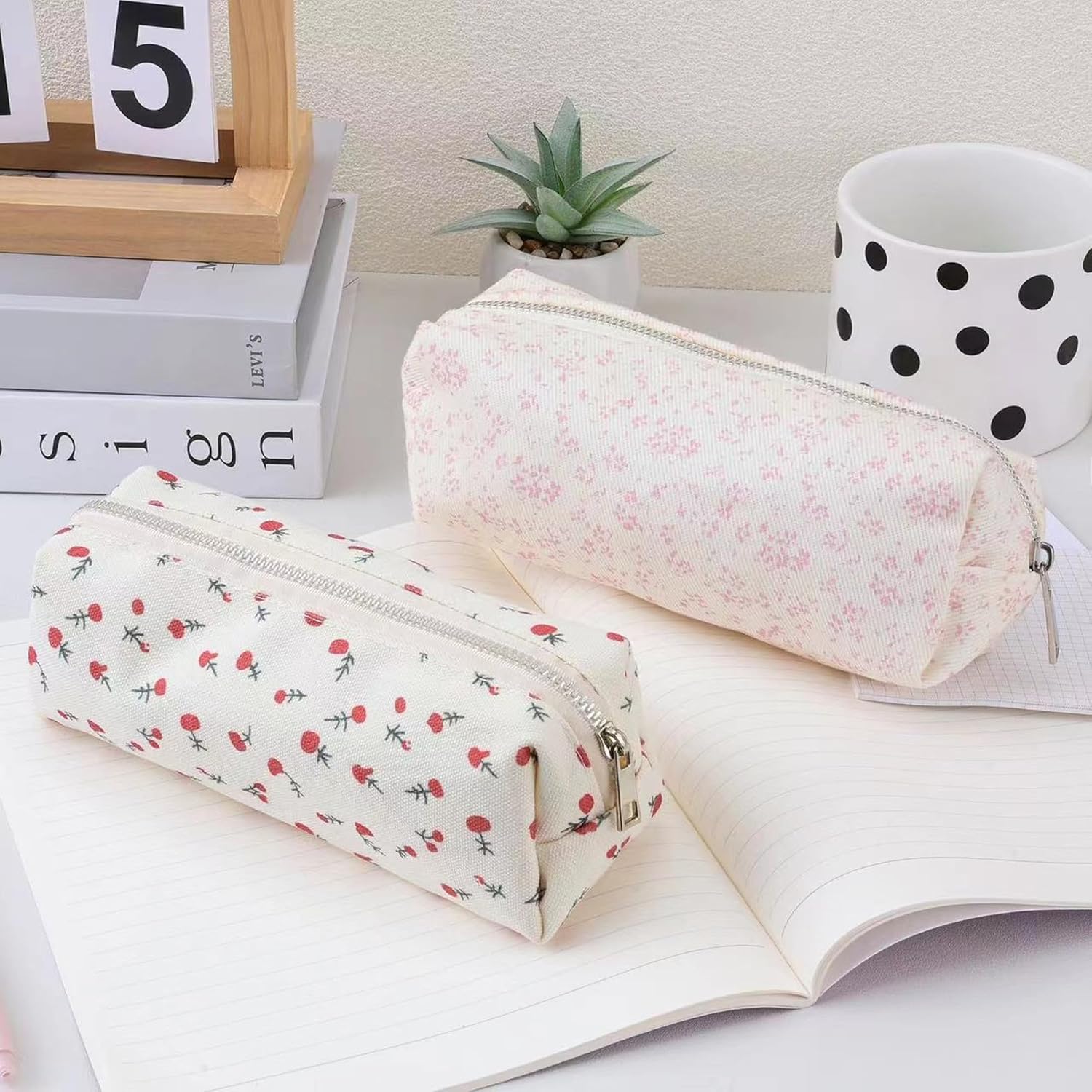 Large Capacity Canvas Pencil Case for Students Cute Aesthetic Pen Pouch Stationery Organizer Bag for School Portable Makeup Bag for Daily Use Kawaii Pencil Box for Girls Teens Kids (Canvas-J) image 5