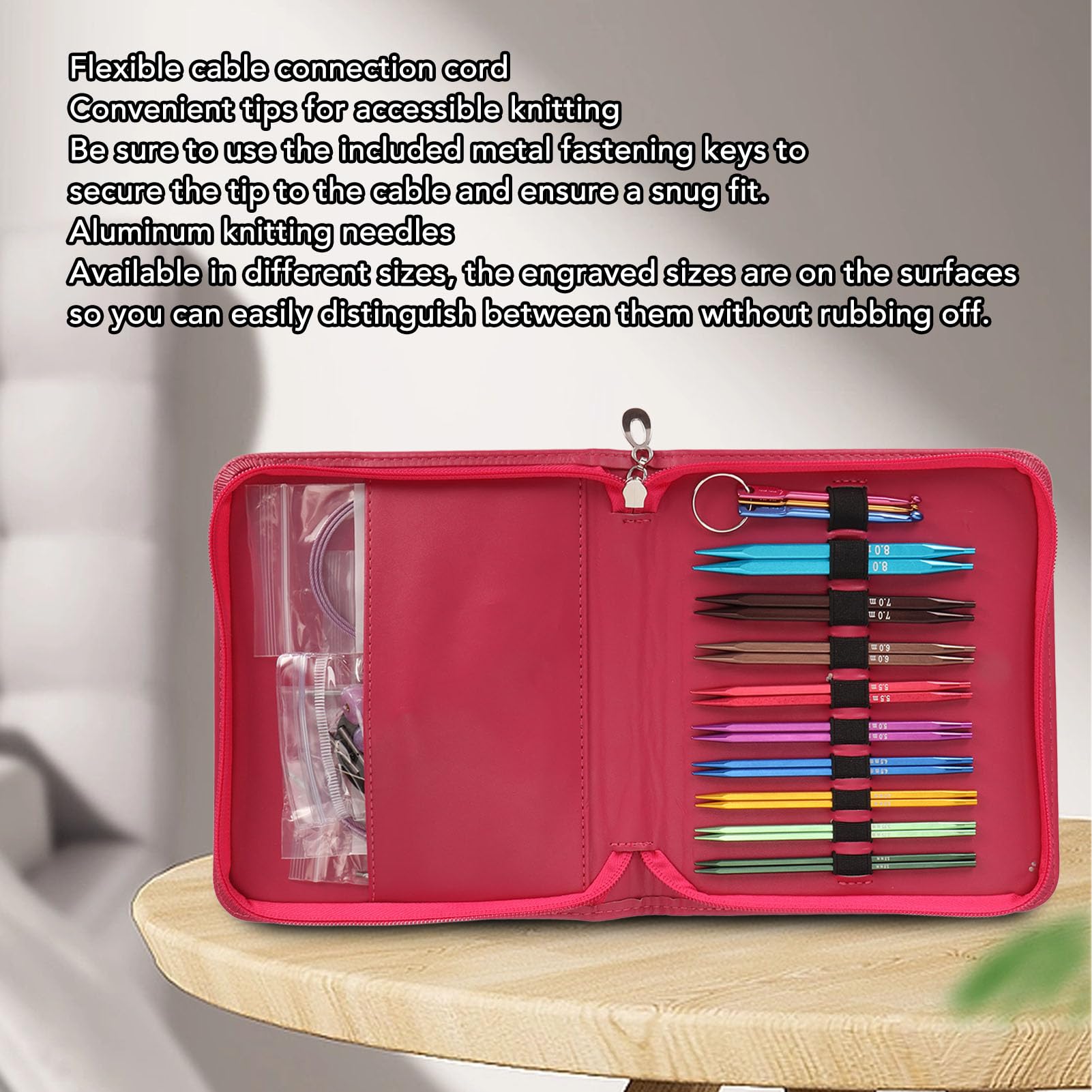 SustVita Aluminium-Stricknadeln mit ergonomischem Design für lange Stricksitzungen, komplettes austauschbares Rundstricknadel-Set mit Zubehör und PU-Tasche