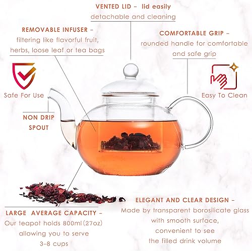 Miniatura 3 de Moss & Stone Infusor de té de vidrio de 27 onzas y 4 tazas de té, tetera de vidrio de borosilicato con colador de vidrio extraíble y tazas de té de