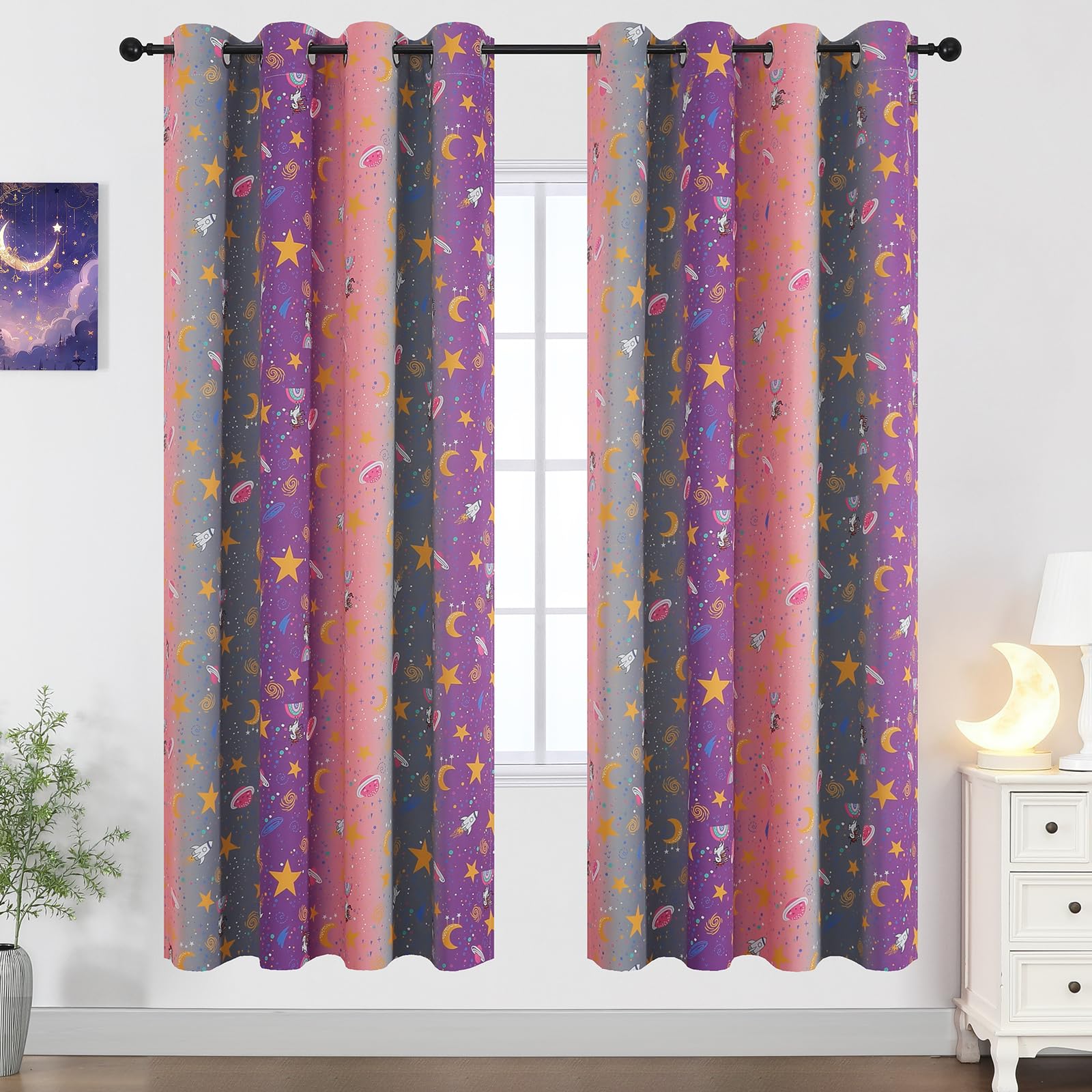 Pink Purple and Grey Room Darkening Curtains 72 Inch Long for Girls Bedroom