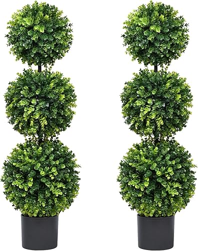 Lvydec Paquete de 2 árboles topiarios artificiales de boj, árbol de bola topiaria de 3 pies en maceta, decoración para puerta delantera, porche,