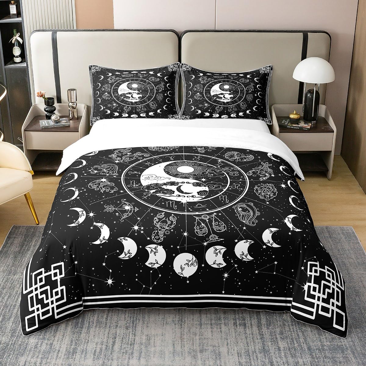 Sun and Moon 100 Percent Cotton Duvet Cover,Twelve Constellations Zodiac Bedding Set Super King,Moon Phase Comforter Cover,Yin and Yang Starry Night Astrology Stars Bed Sets with 2 Pillowcases