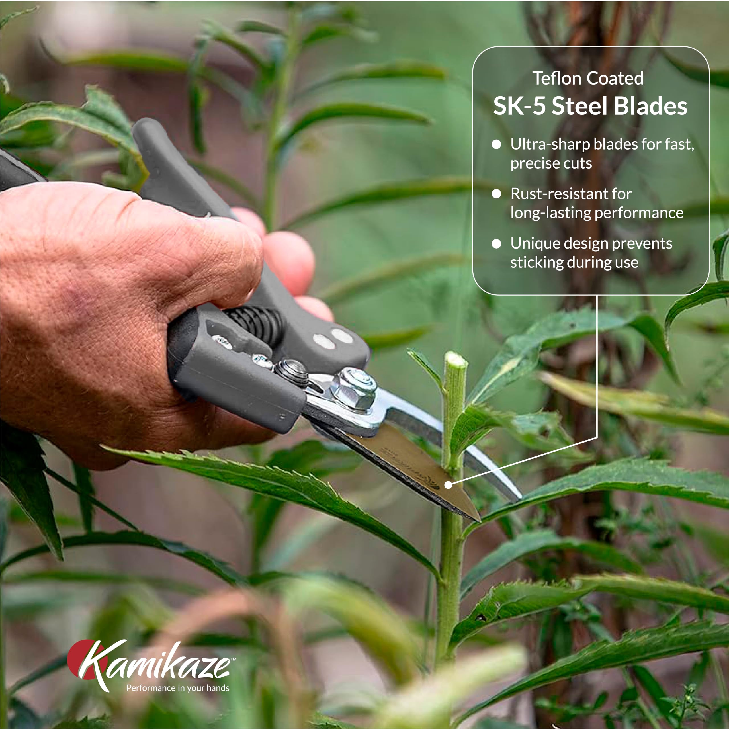 KAMIKAZE - Tijeras de podar profesionales resistentes para jardinería, mango ergonómico cómodo, hoja de derivación SK5 de acero de alto carbono, corta ramas de hasta 1 pulgada, cortaúñas de jardín