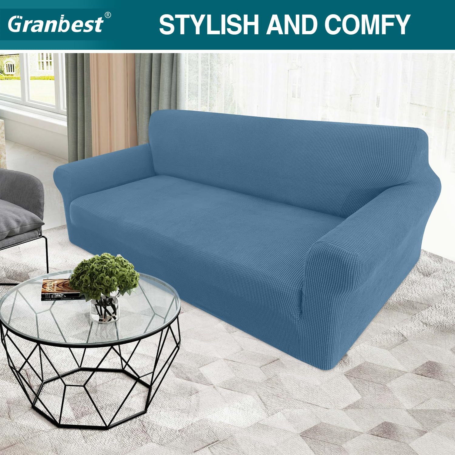 Granbest High Stretch Sofa Covers 3 Seater Super Soft Stylish Couch Covers for Dogs Pets Cats Jacquard Spandex Non Slip Sofa Slipcover for Living Room Furniture Protector (3 Seater - Image 2
