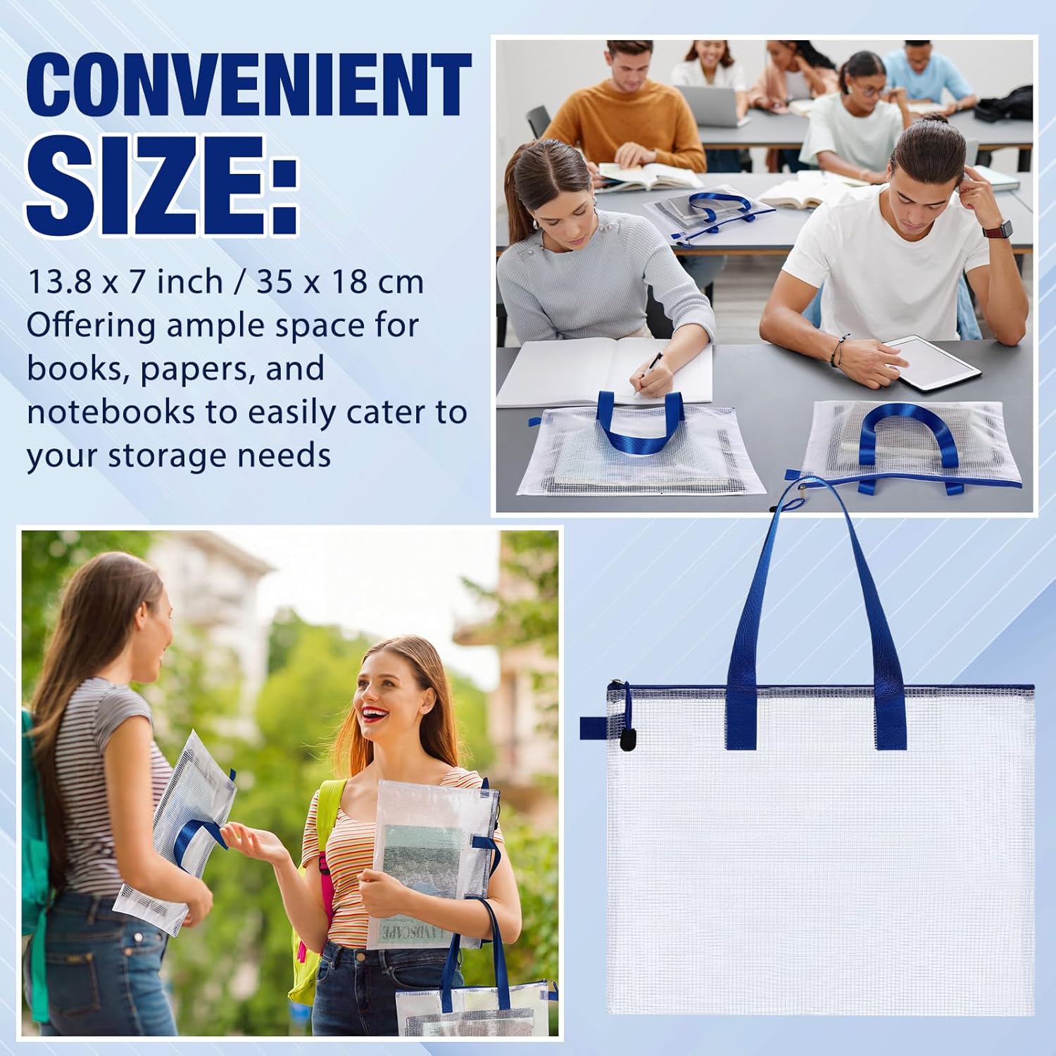 Reginary 24 Pcs Mesh Zipper Pouch File Bags with Handle Bulk A4 11 x 13.8 Inch Zipper Mesh Document Pouch Artwork Storage Organize for Office School Supplies Paintings Puzzle Travel Storage(Blue)