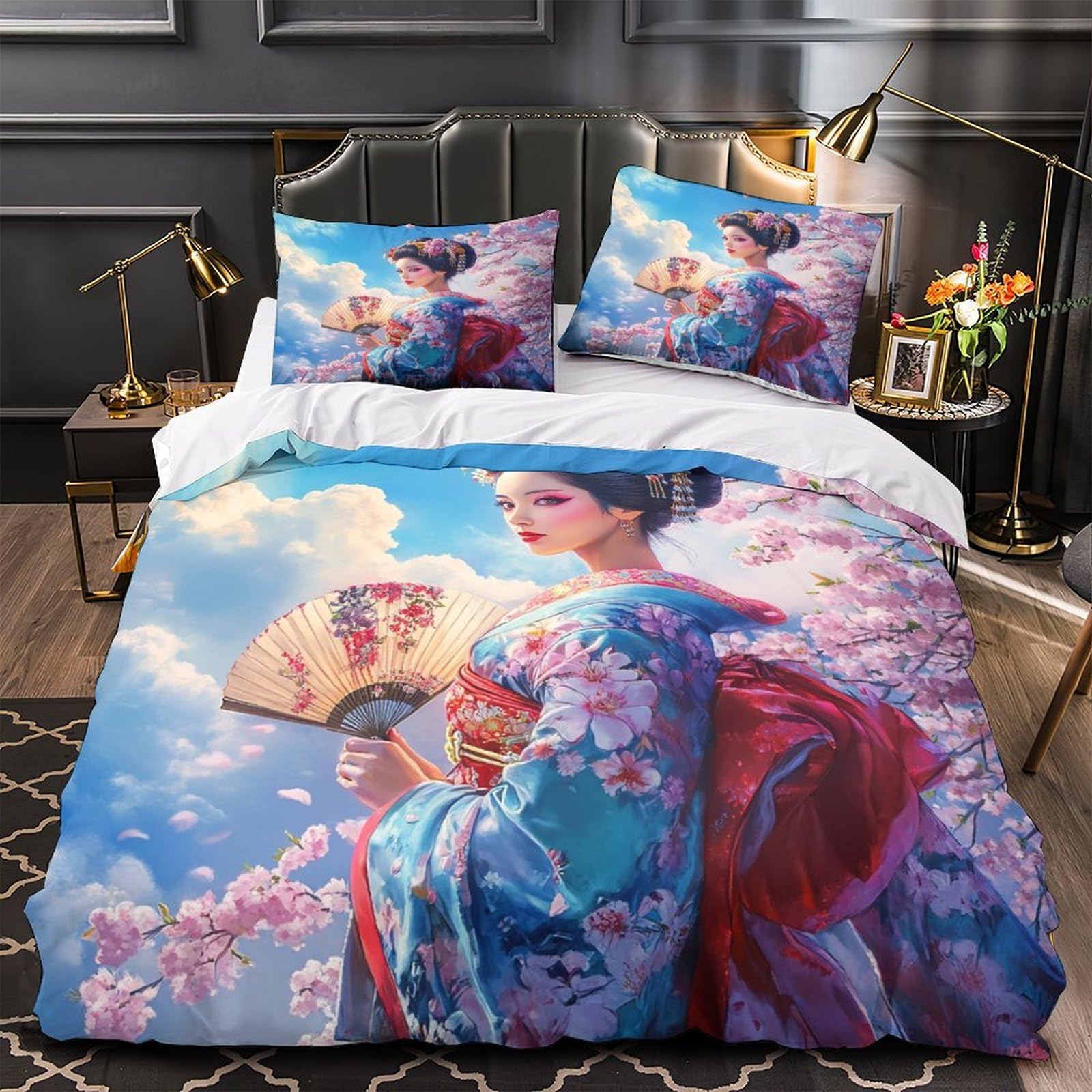 Housse de couette microfibre respirante 200x200 drap de couette geisha japonaise