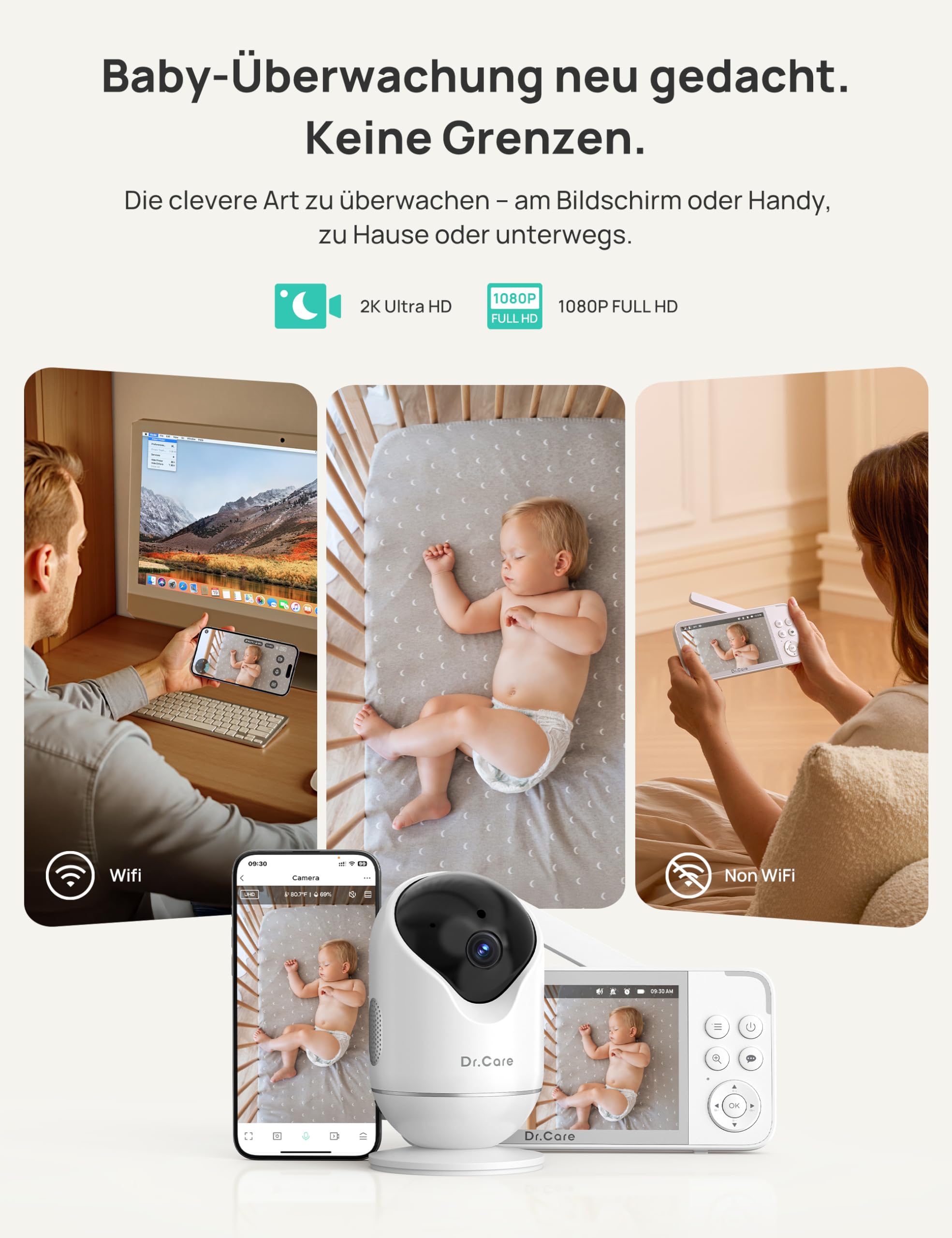 Dr.Care VistaView Smart WLAN Babyphone, 5” 1080P HD, 2K Kamera, App-Steuerung, Bewegungs- & Weinen-Alarm, Nachtsicht (babyphone mit 2 Kamera)