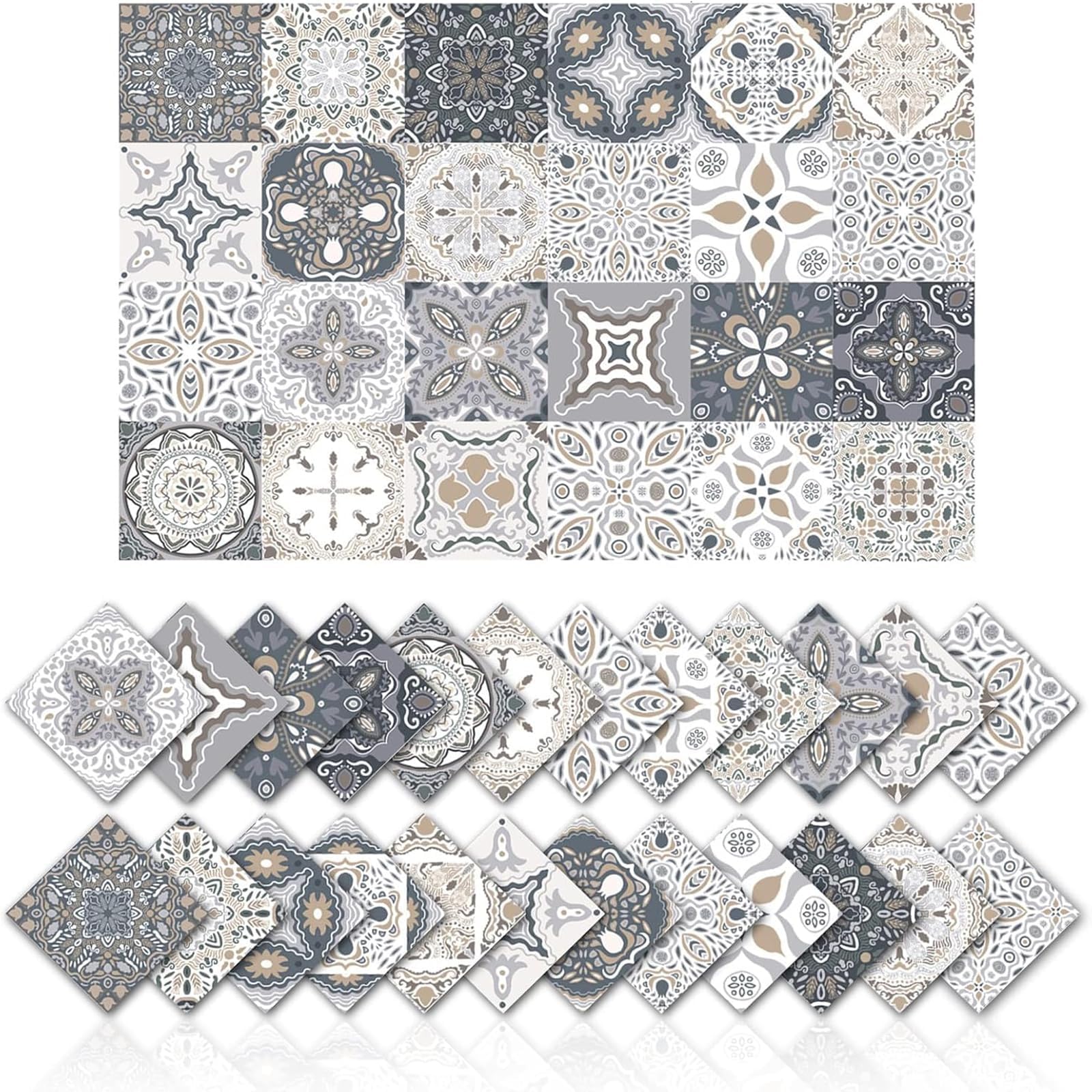 24Pcs Grey Moroccan Tile Stickers - Kitchen Bathroom Wall Tile Stickers Peel and Stick on Waterproof, 15cm x 15cm