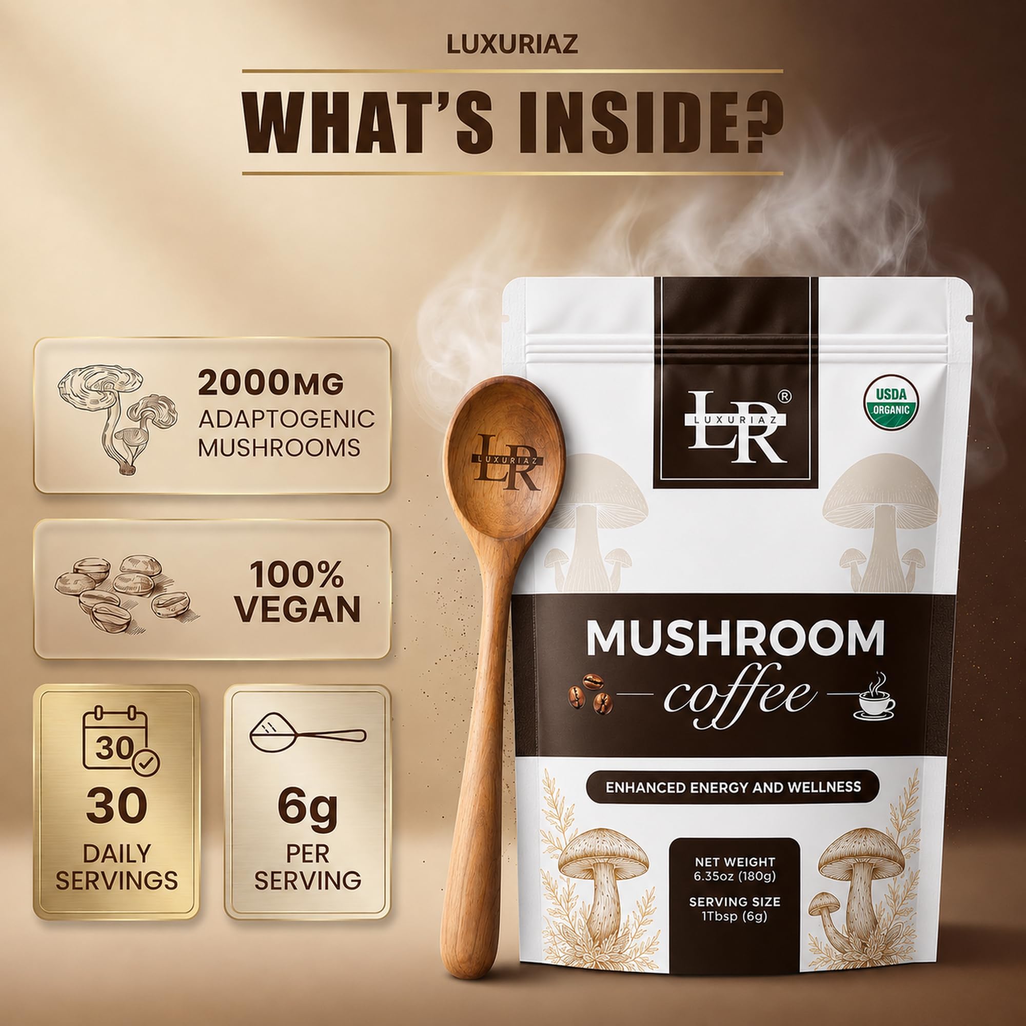 Luxuriaz Pilzkaffee, Bio 6 adaptogene Pilze (Löwenmähne, Reishi, Cordyceps, Chaga, Truthahnschwanz, Shiitake) für Immunität, Fokus und Energieunterstützung, perfekte Kaffee-Alternative, 30 Portionen