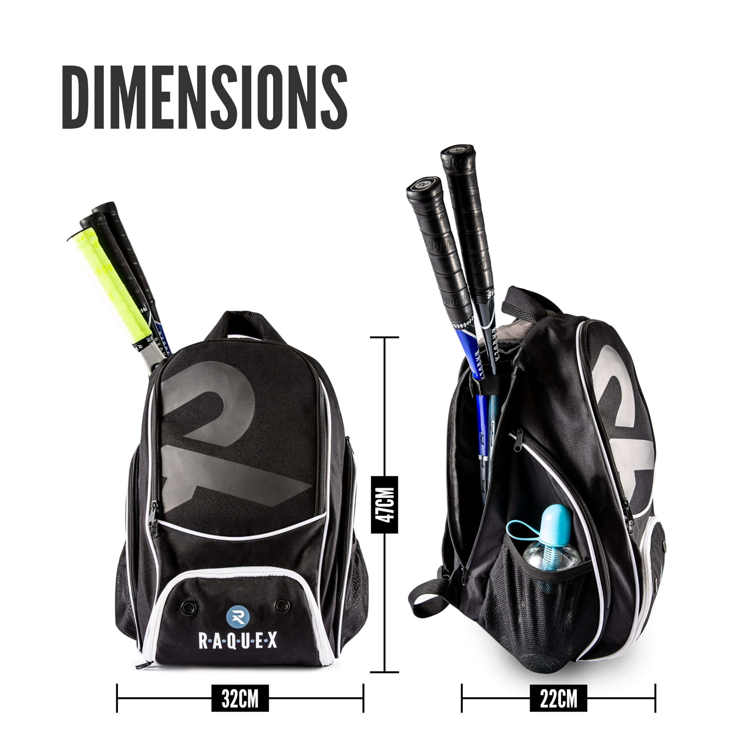 Raquex Sportrucksack für Tennisschläger oder 2 Squashschläger Badmintonschläger Schlägerrucksack + Schuhe + Laptop + Trinkflasche