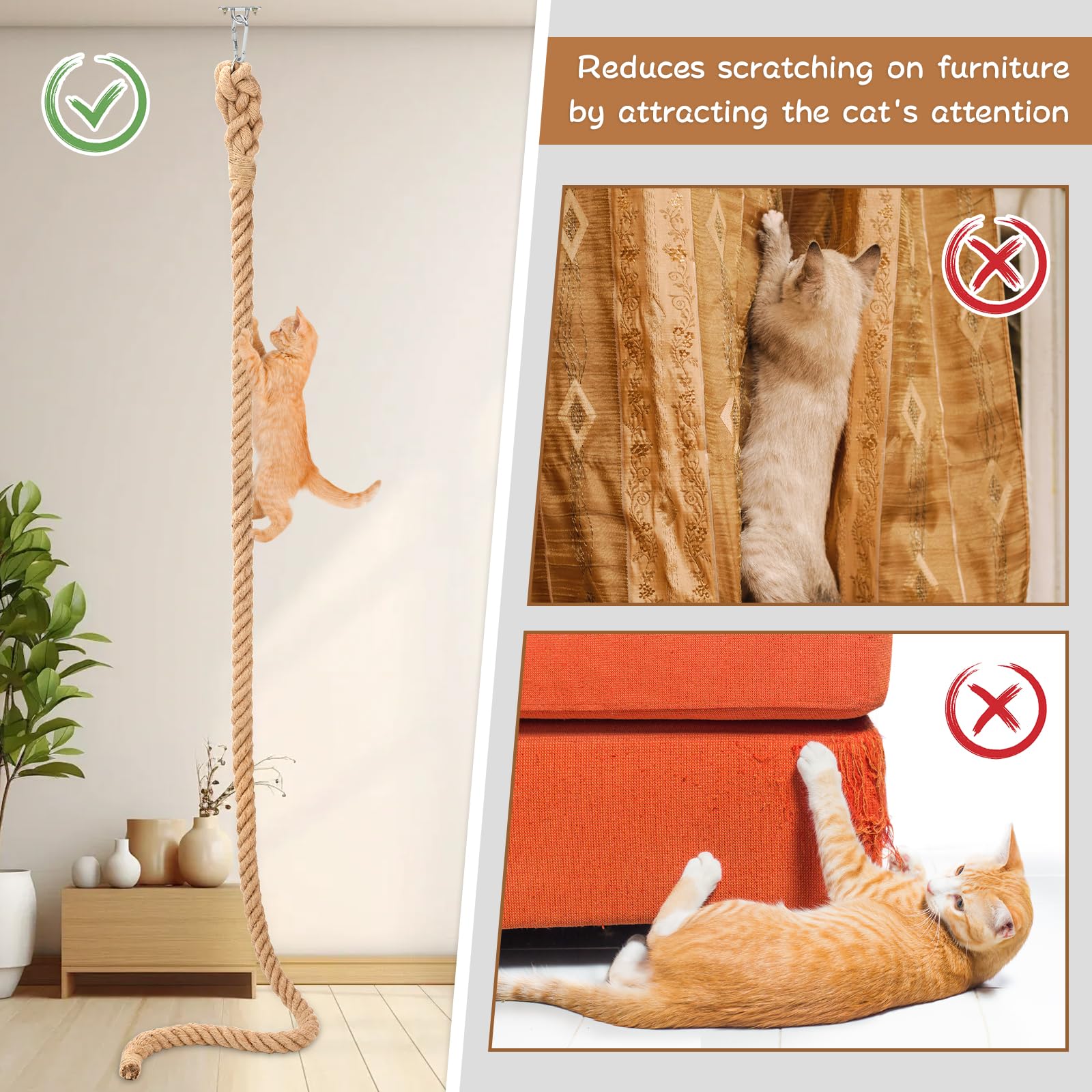 Cuerda de escalada para gatos de 2 pulgadas x 9.84 pies con gancho, cuerda de yute natural para montar en techo y pared, cuerdas de sisal duraderas para gatos en interiores y exteriores que juegan