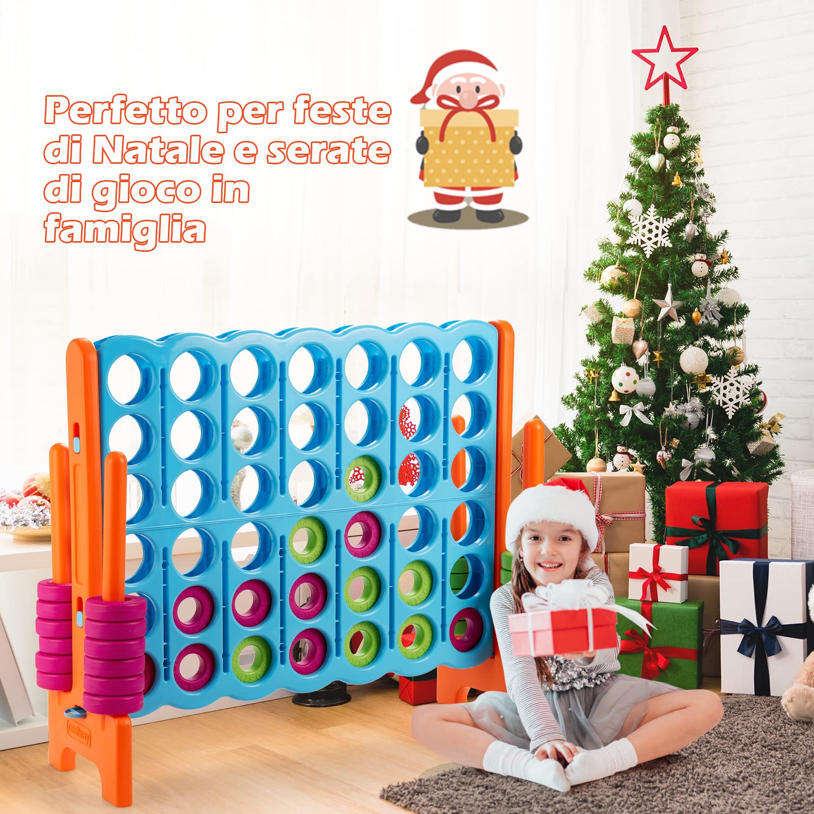 COSTWAY Forza 4 Gigante per Bambini e Adulti, da Interno ed Esterno | Set di Forza 4 in PE e PP con 42 Anelli per Feste e Vacanze, 120 x 42 x 104 cm, Azzurro+Arancione