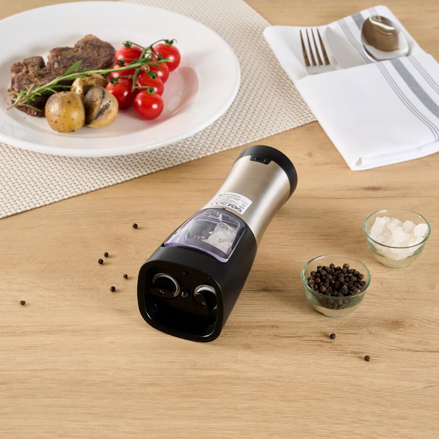 Restaurantware-Met Lux 2 In 1 Salt And Pepper Grinder, 1 Automatic Salt And Pepper Shaker - Battery-Powered, With LED Light, 1 Black Plastic Automatic Spice Grinder, For Kitchen Or Restaurant