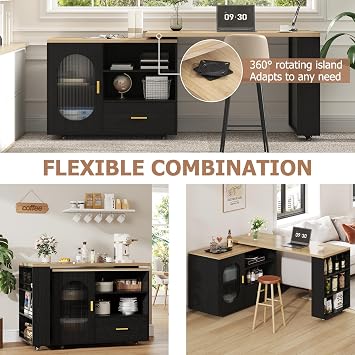 IBF Rolling Kitchen Island on Wheels with Seating and Storage, Black Oak