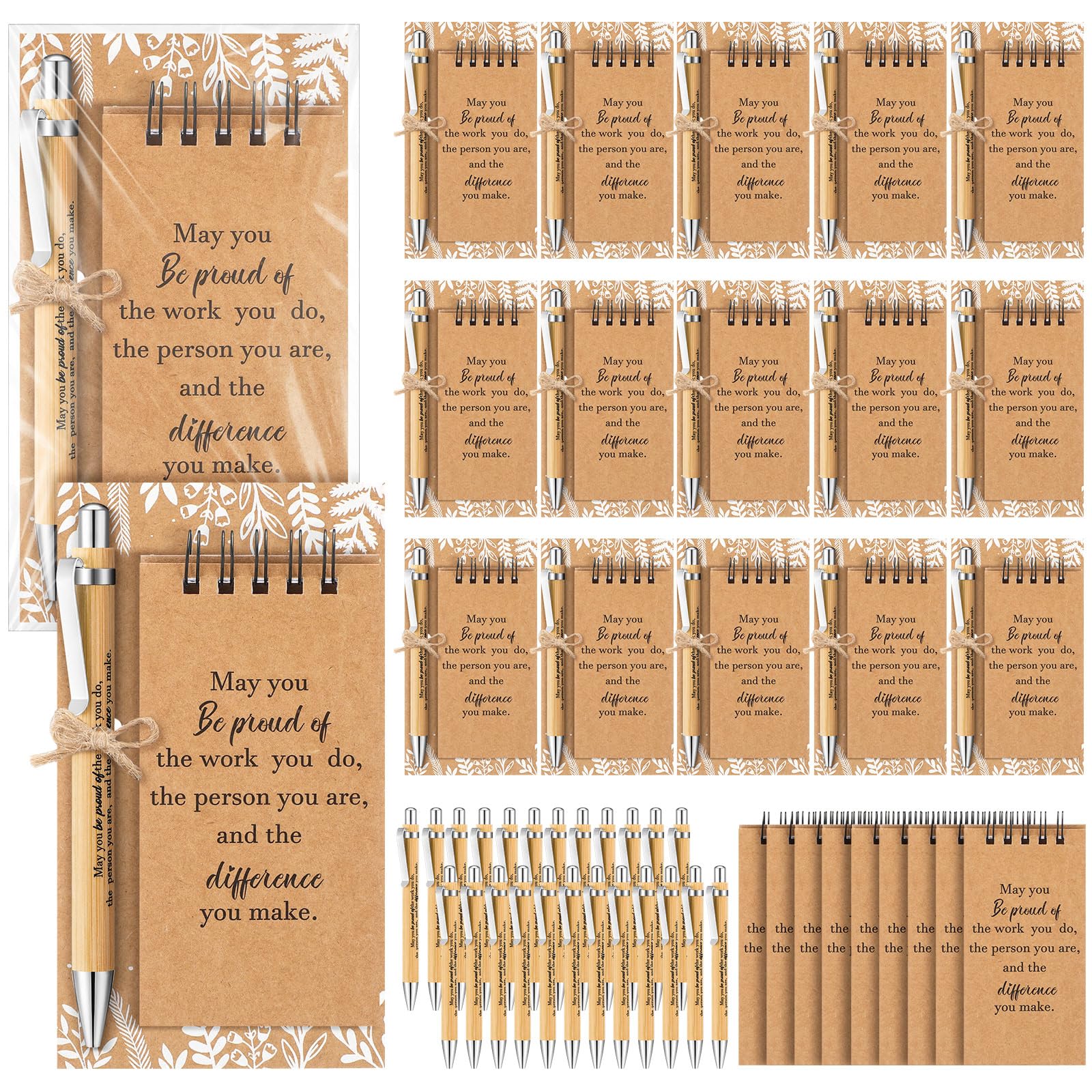 Sayglossy 24 Sets Employee Appreciation Gift Inspirational Notepads Pens Motivational Bamboo Pens Mini Spiral Pocket Notebooks Thank You Cards for