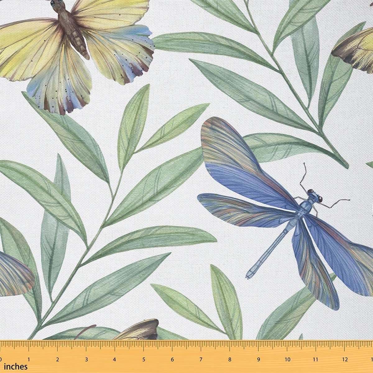 Dragonfly Fabric by The Yard for Chairs Retro Green Leaves Plant Upholstery Fabric for Arts DIY Butterfly Animal Rustic Style Decorative Waterproof Outdoor Fabric,1 Yard