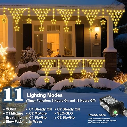 Miniatura 9 de MUYUN Christmas Lights Outdoor Decorations 13.8ft 200 LED Christmas Lights with 12 Stars,Dimmable Curtain Fairy Light with 8 Modes&Remote Timer for