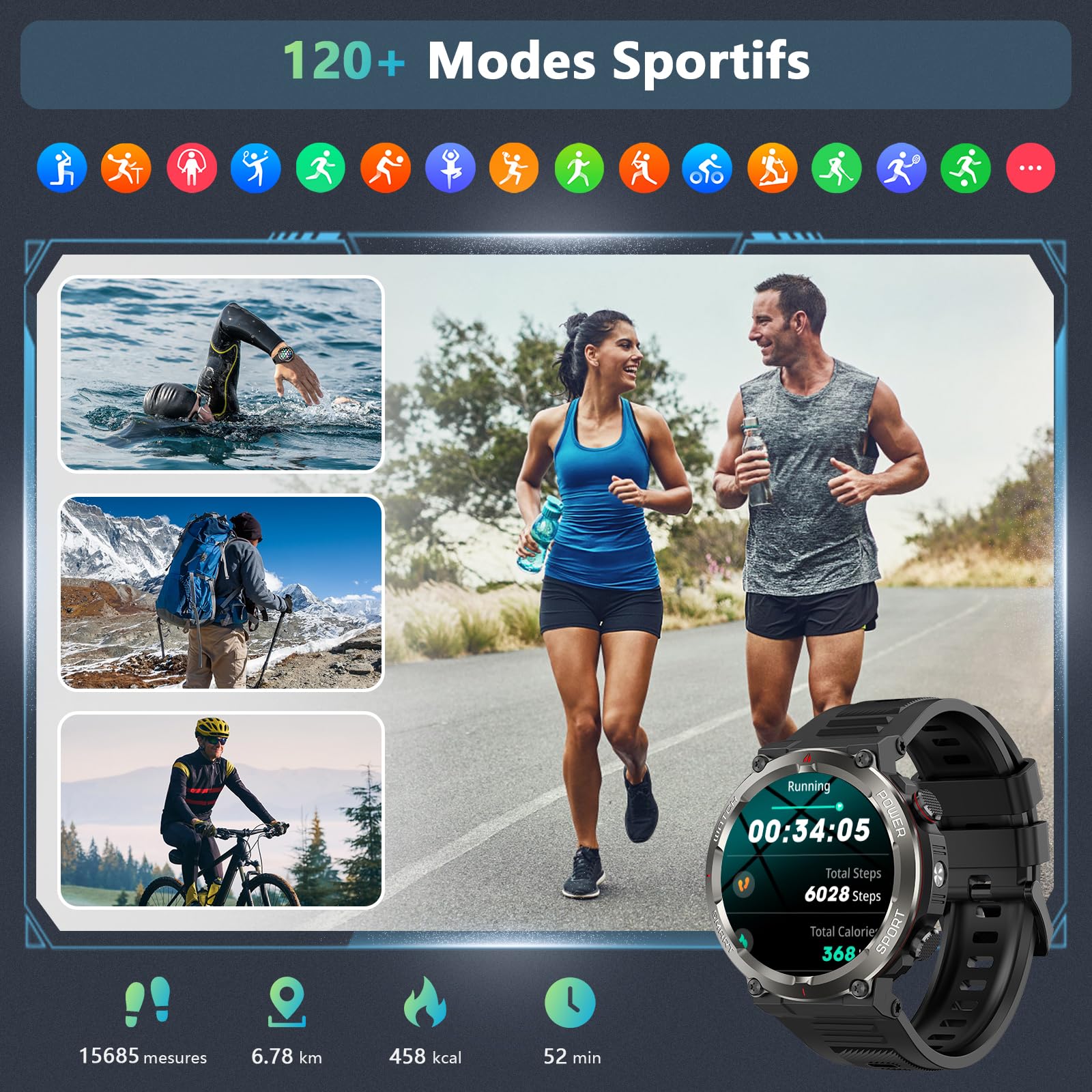 Montre Connectée Homme, Militaire Smartwatch Appels Bluetooth, Torche LED, Batterie 960mAh, 1.45'' HD, Fréquence Cardiaque, Sommeil, SpO2,120+ Modes Sportifs, Étanche IP68, 2 Sangles, Android iOS