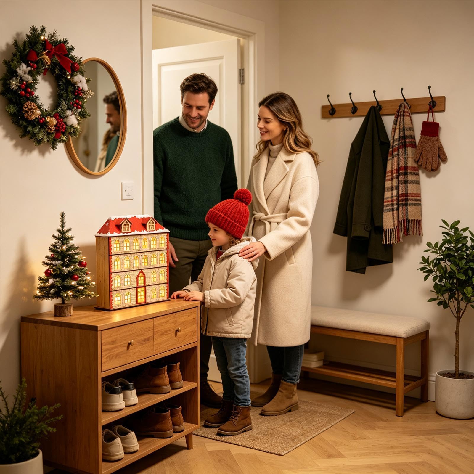 Calendrier de l'Avent en bois Décor de maison LED avec 24 tiroirs