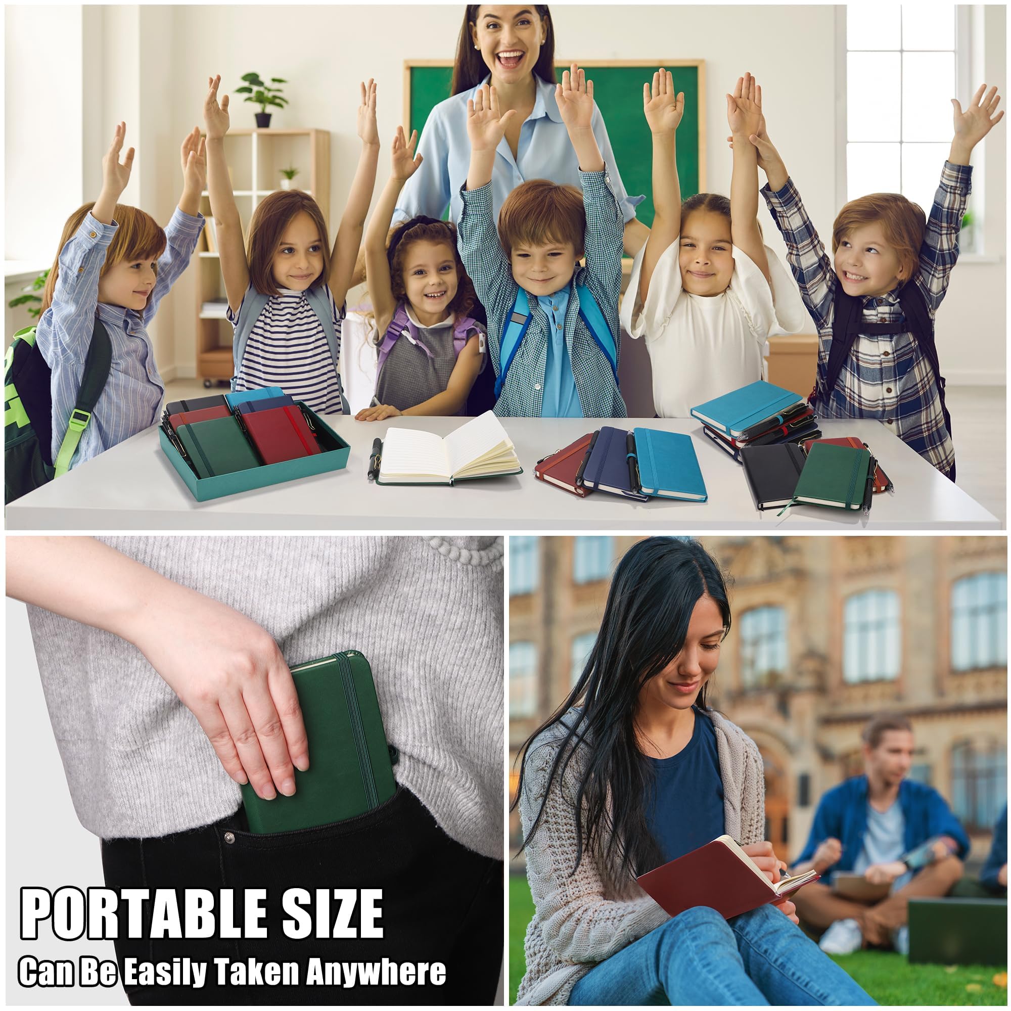 Aodaer 50 juegos de cuadernos de bolsillo con bolígrafos, 160 páginas, 3.5 x 5.5 pulgadas, mini cuaderno rayado A6 de cuero de tapa dura con soporte para bolígrafo para la escuela, oficina, multicolor