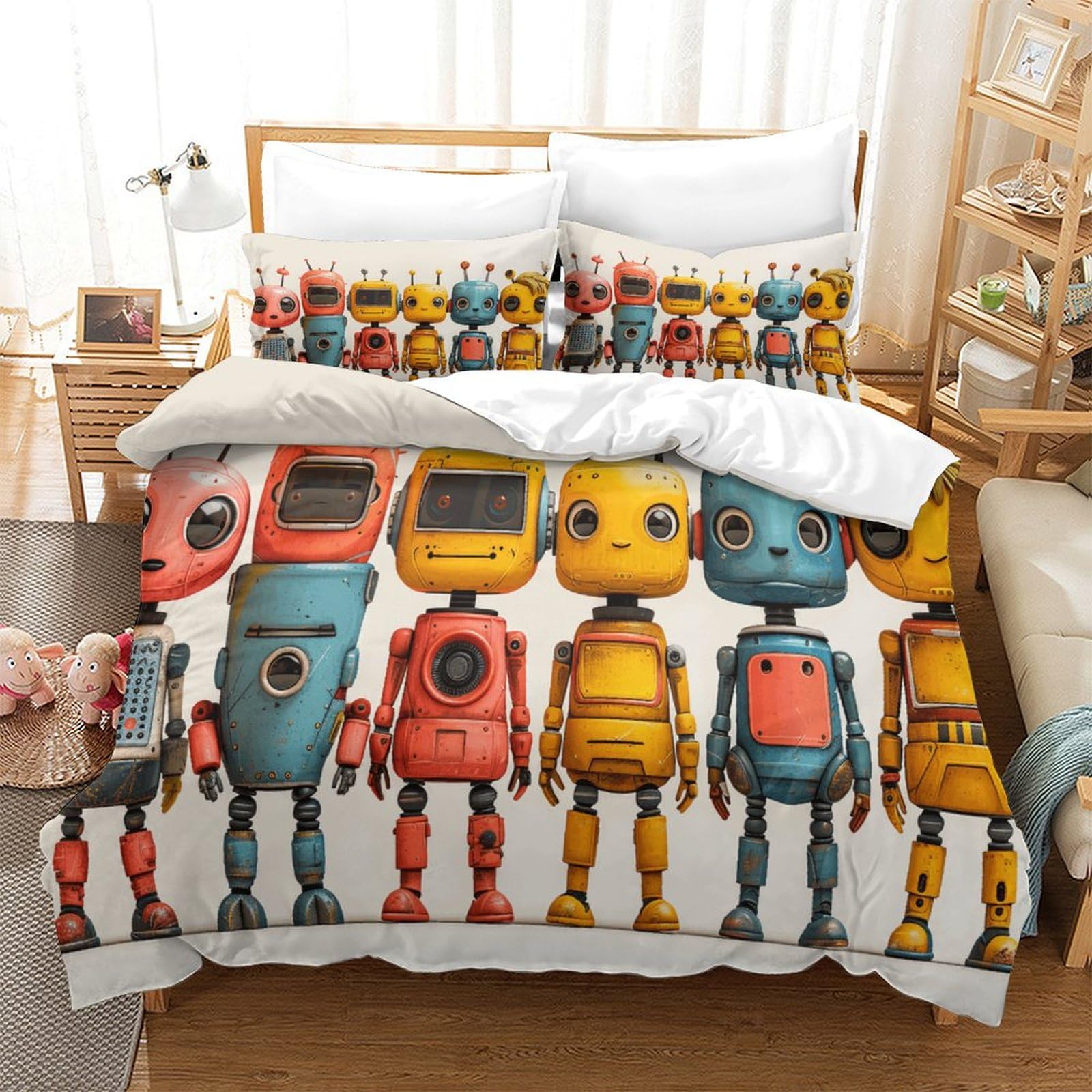 P1S9U7W5Y 3D Printed Cartoon Robot Duvet Cover Set 3pcs Microfiber Cute Robot Bedding Set Bedroom Gift King（220x240cm）