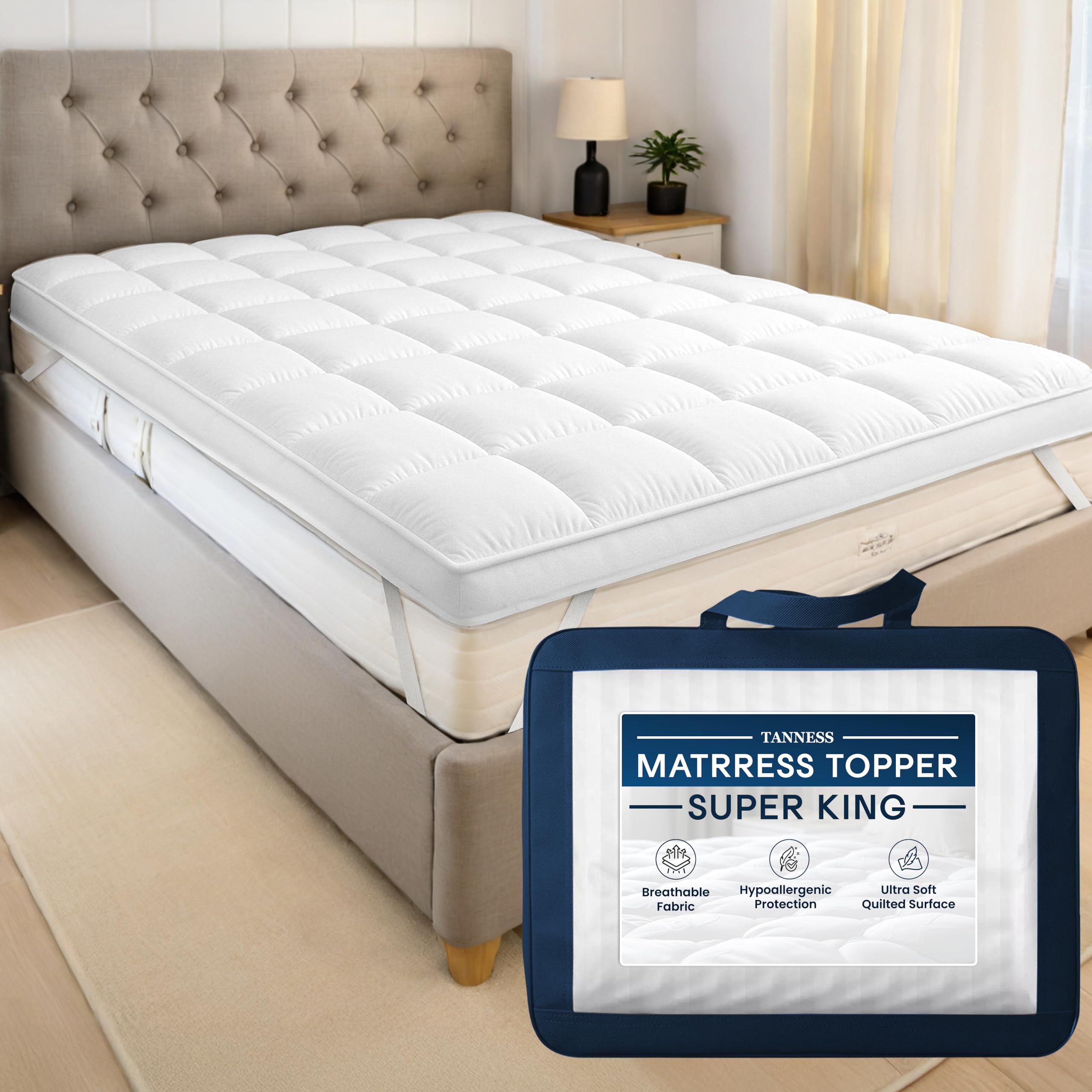 Tanness Super King Mattress Topper - 10cm Thick - Soft Quilted Microfiber - White