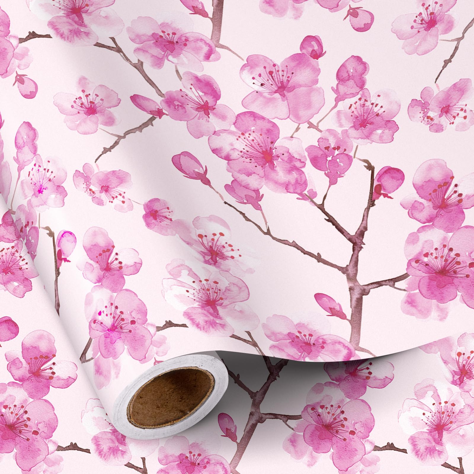 RUSPEPA Floral Wrapping Paper Roll for Women Girls, Mini Roll, Pink Sakura Cherry Blossom Flower Gift Wrap Paper Perfect for Birthday, Spring, Wedding