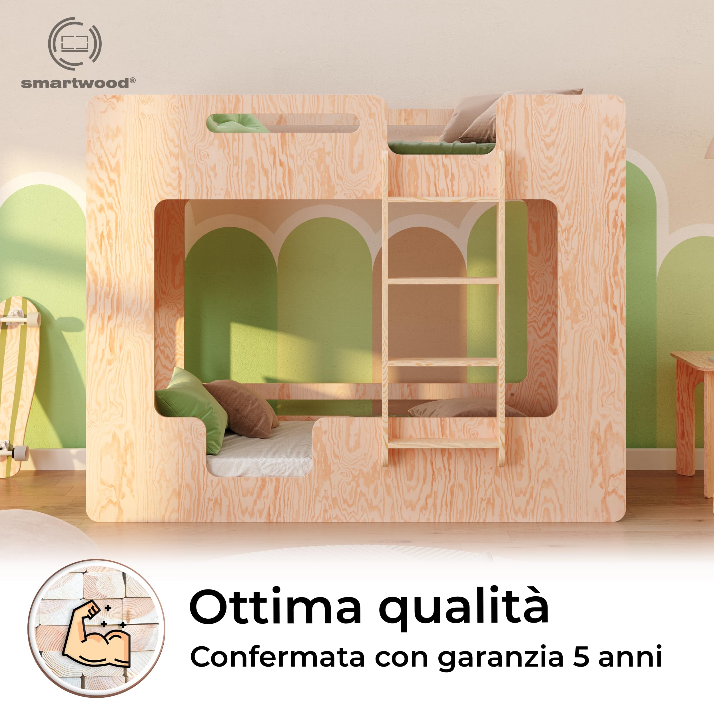 Letto a Castello 80x160 cm in Legno con Sponde di Sicurezza e Rete a Doghe - Supporta Fino a 230 kg - MIMI B
