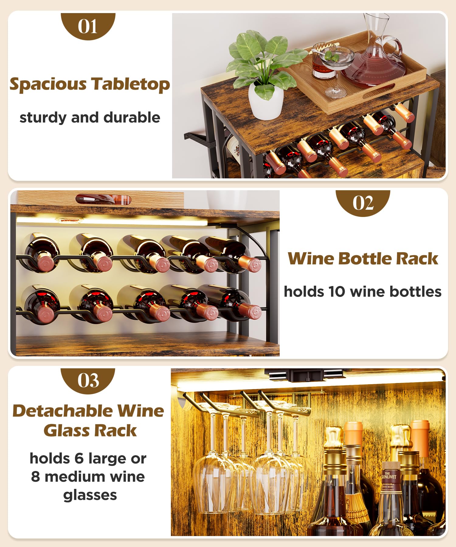 Yorbay Mobili Portabottiglie con Luci LED: Mobile Bar Autoportante con Anta a Griglia per 10 Bottiglie e 6 Bicchieri - Scaffale per Vini in Stile Industriale per Cucina Soggiorno Sala da Pranzo