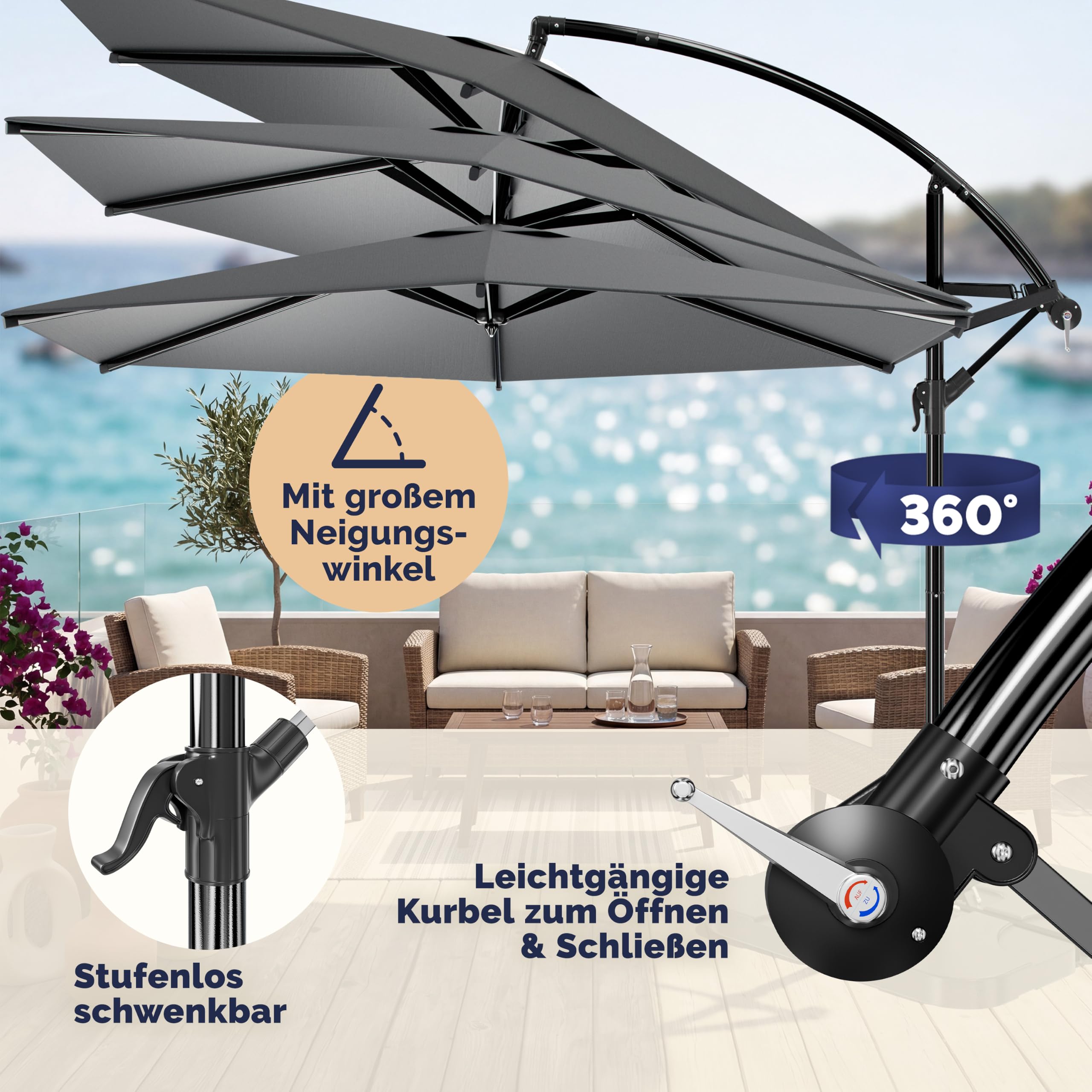 Casaria® Ampelschirm 300/350 cm Komplettset inkl. 4 Gewichte & Schutzhülle - Garten Sonnenschirm UV 80+ neigbar schwenkbar mit Kurbel rund