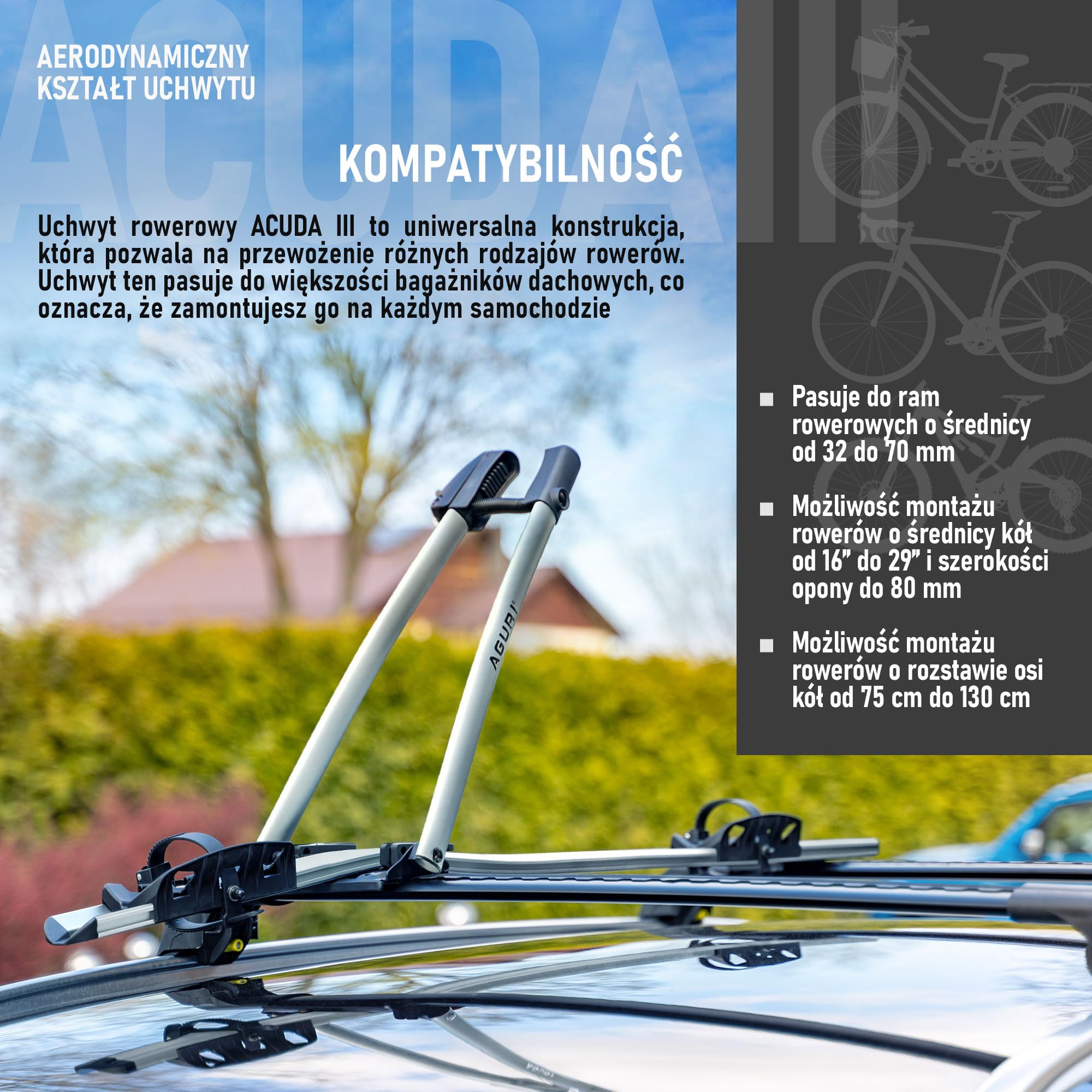 AGURI ACUDA III | Bagażnik Rowerowy, Dachowy Stelaż Rowerowy, Uniwersalny Uchwyt Rowerowy na Dach Samochodu, Zamykany | Obciążenie do 20kg, | Lekka i Wytrzymała Konstrukcja z Aluminium | Srebrny