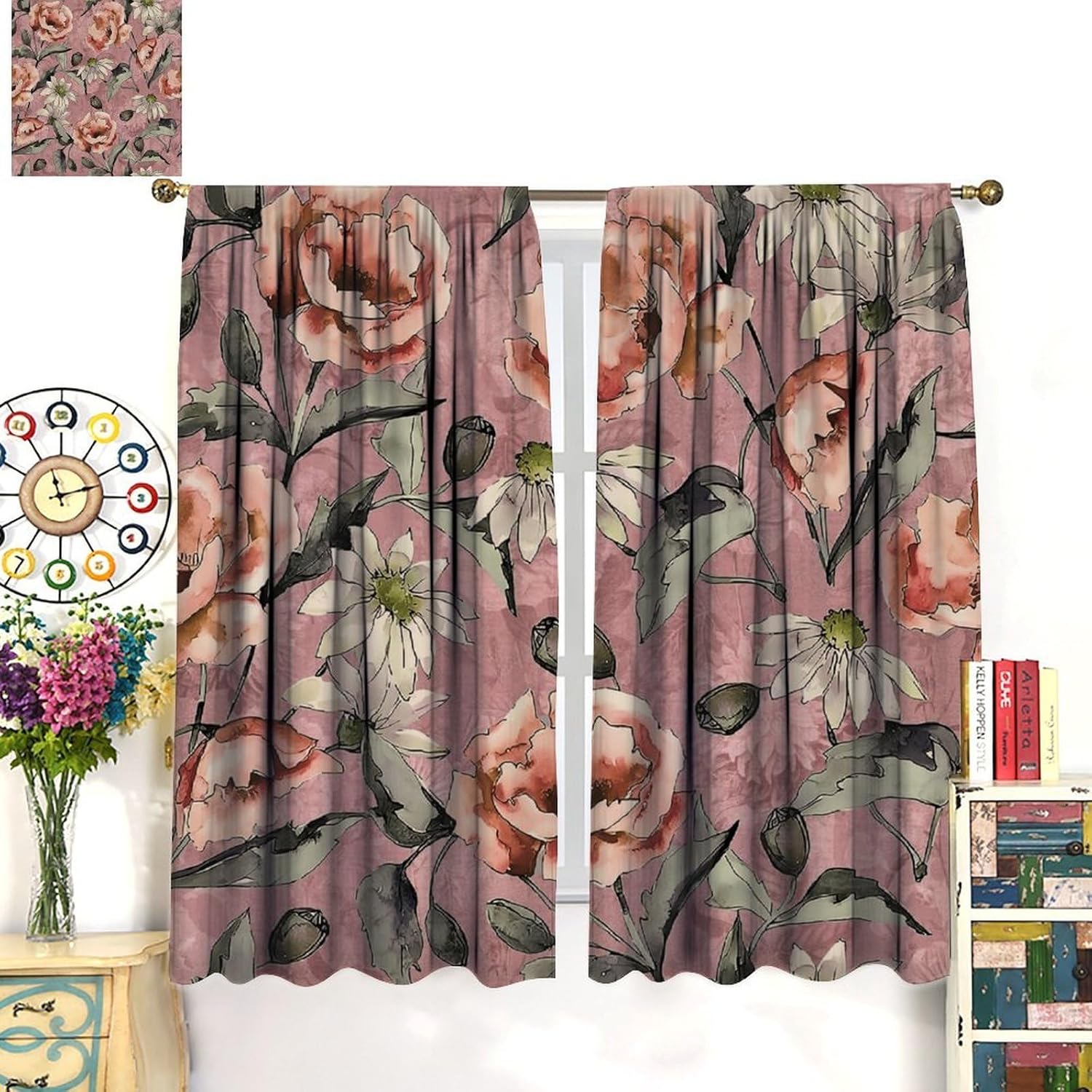 Nature Garden Curtain,Rustic Vintage Romance Watercolor Flower Daisy Floral Plant Blackout Rod Pocket Window Curtain,for Classroom Living Room Bedroom Kitchen Cafe Farmhouse 63" W X 72" L
