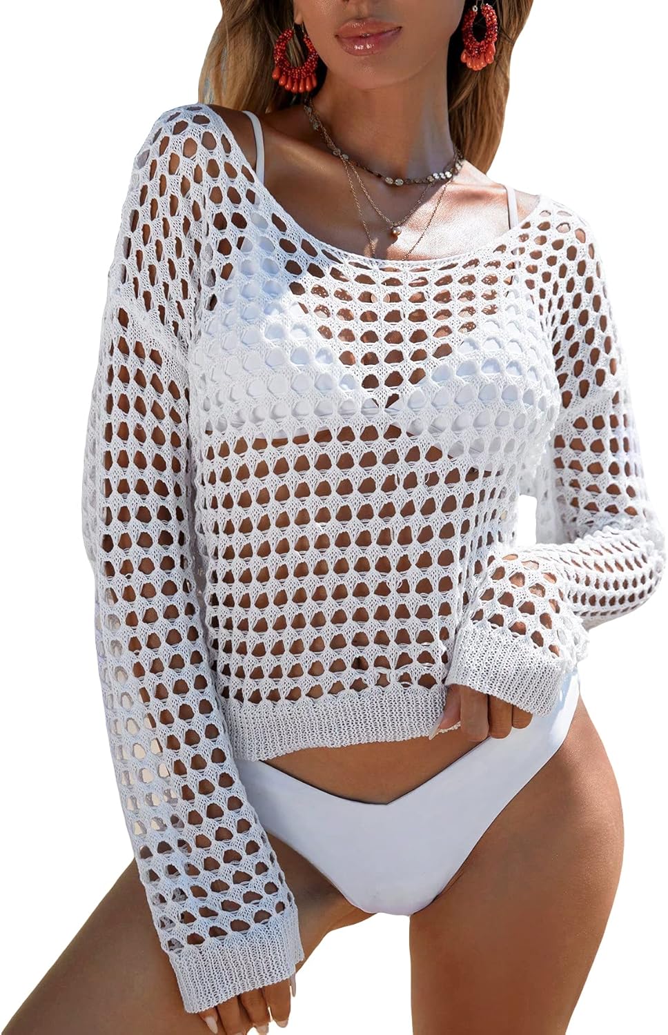 SHENHE Women's Crochet Hollow Out Drop Shoulder Sweater Sheer Long Sleeve Sweater Top