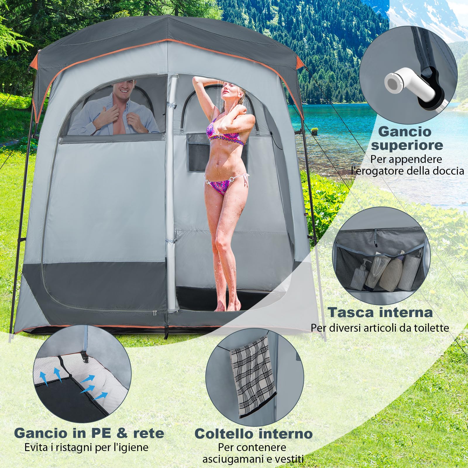 COSTWAY Tenda Spogliatoio da Esterno a 2 Stanze, Tenda da Doccia da Campeggio con Parapioggia Rimovibile, Stendibiancheria e Borsa, Tenda per WC Doccia per Campeggio, Spiaggia e Pesca