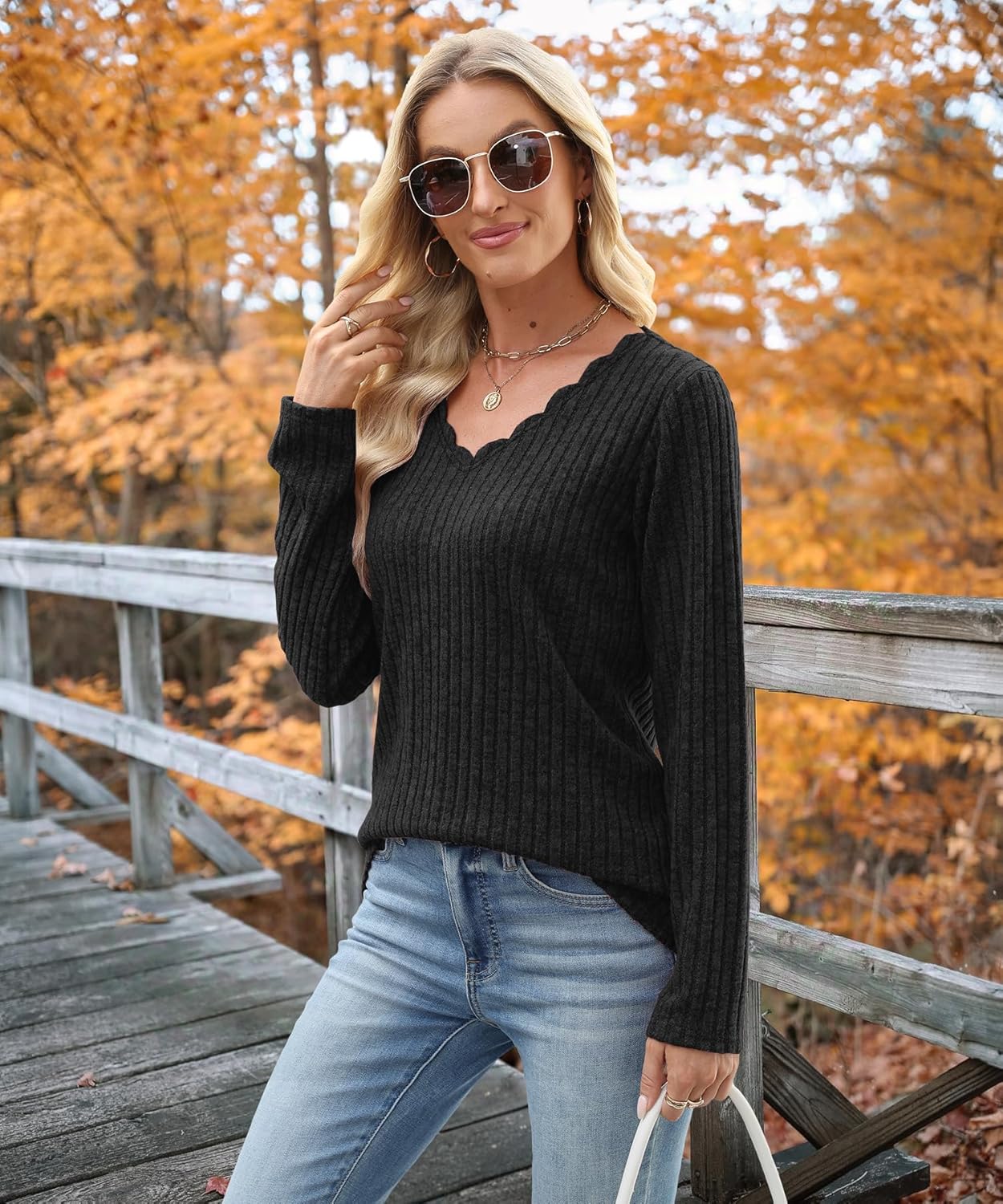 JomeDesign Womens Sweaters Casual Long Sleeve V Neck Lightweight Tunic Pullover Sweater Tops - Image 3