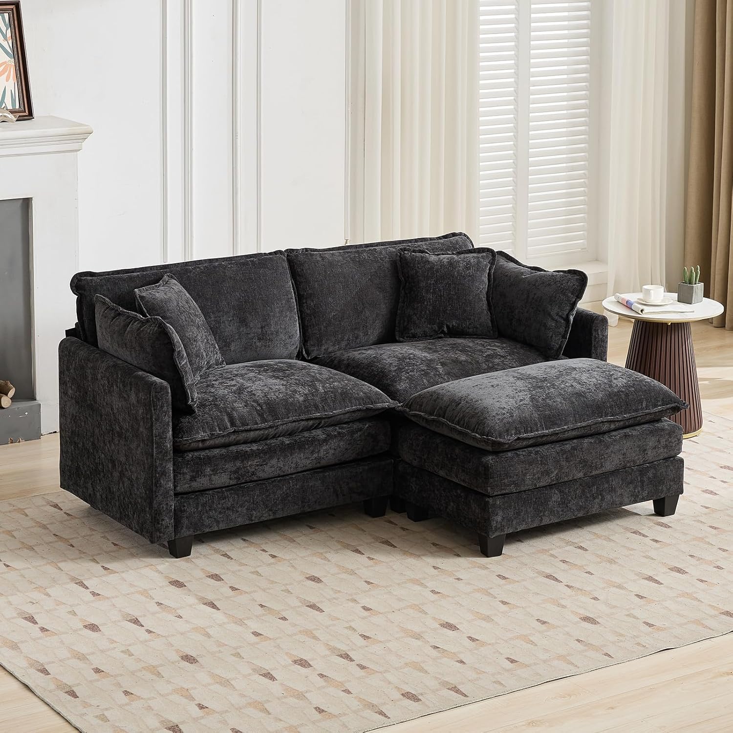 ODUSE-DAILY 76.7" Oversized Black Loveseat Sofa, 2 Seater Large Sectional Couches for Living Room, Chenille Fabric Modular Sectional Sofa with 1 Ottoman, Deep Seat Modern Sofas Set, Love Seat Couches