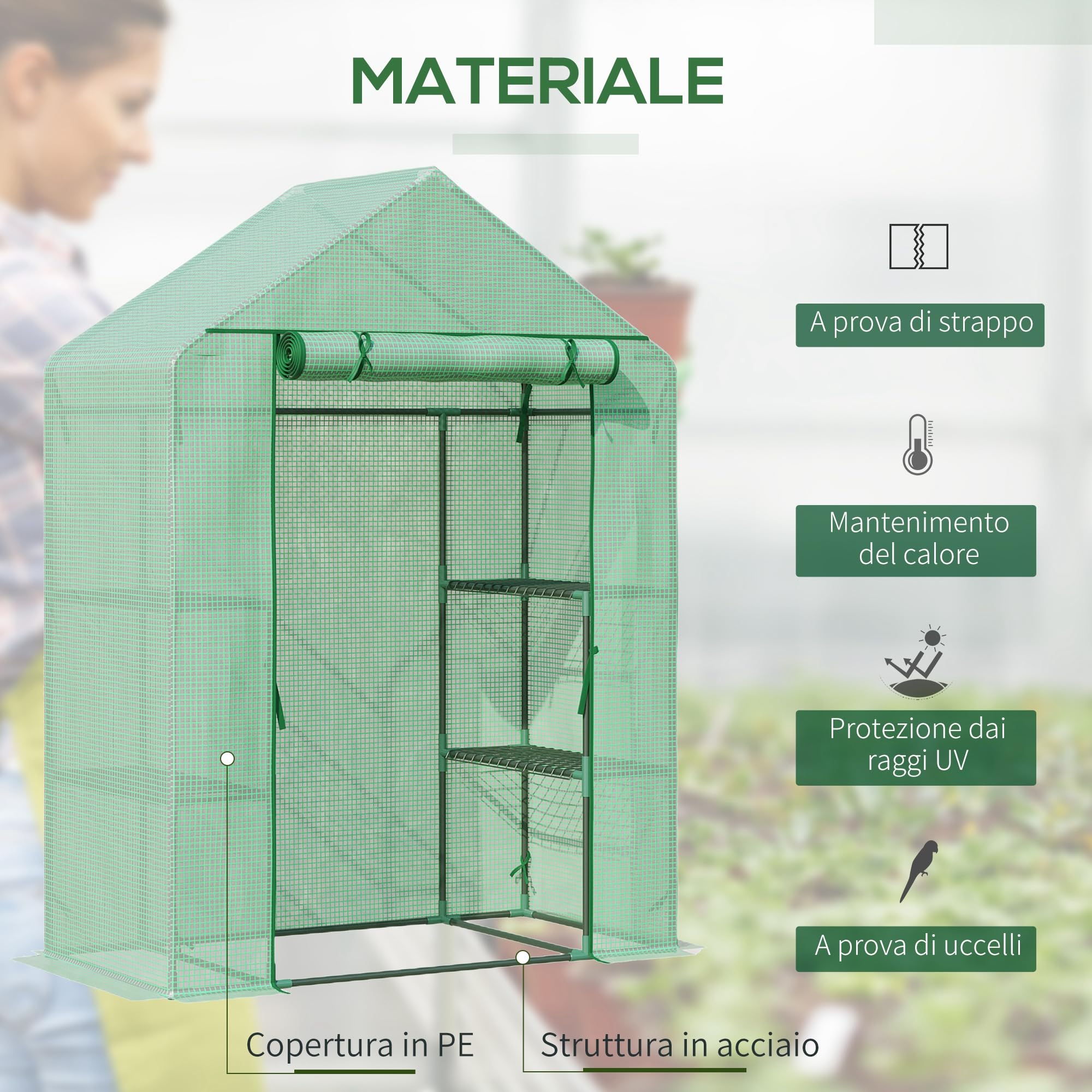 Outsunny Serra da Esterno con 4 Ripiani, Funi e Picchetti, in Acciaio e Plastica PE, 141x72x191 cm, Verde