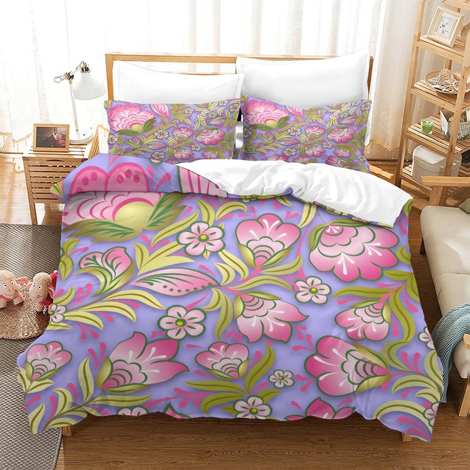 GDEKCIEAS Vintage Pink Floral Ornament Teens Bedding Set,3Pcs Ultra Soft Duvet Cover,Soft Microfiber Quilt Cover for Boys,Girls,Kids,Adults, Home Decor,Breathable,Zipper Home Decor Double（200x200cm）