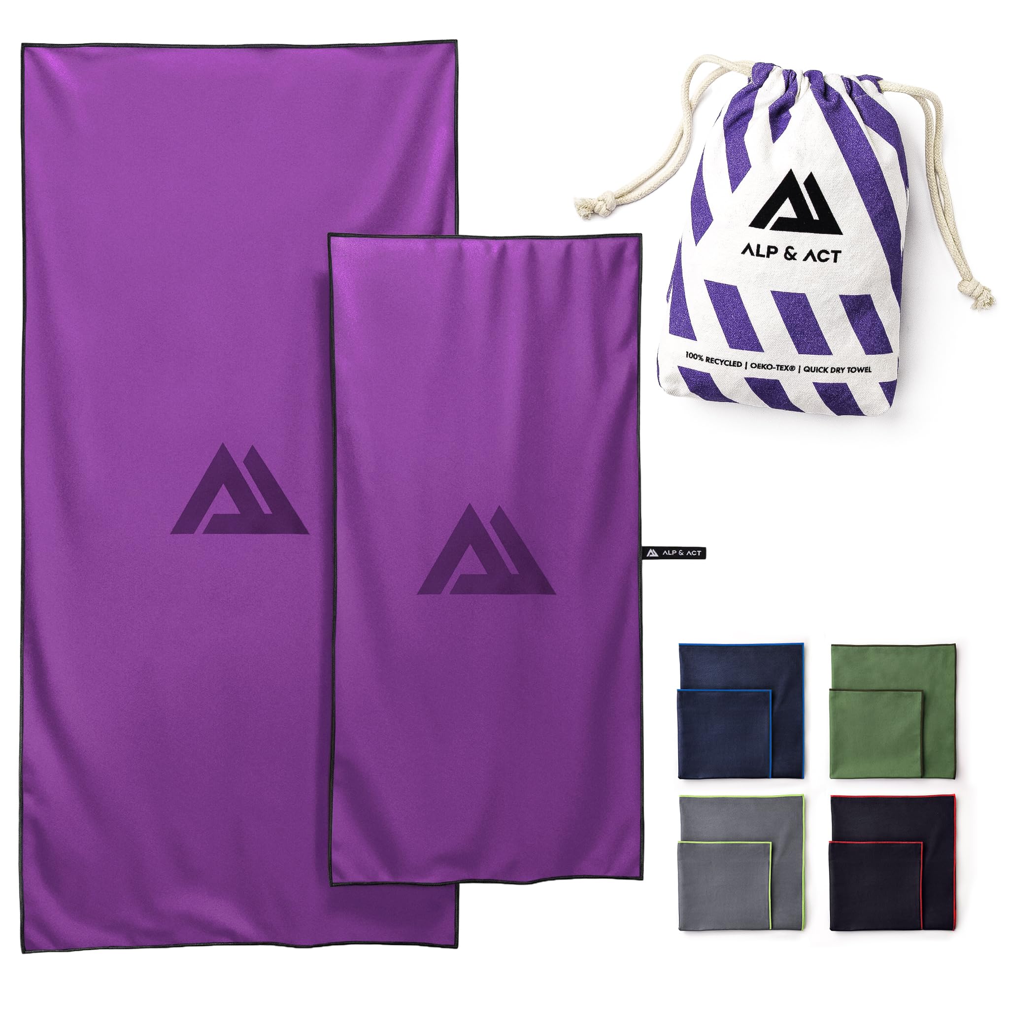 ALP & ACT Microfibre Towel Set of 2-100% Recycled - SUPER LIGHTWEIGHT & Quick Dry - 150x70 cm + 100x50 cm - Extra Compact for Travel, Camping, Holiday - Large & Small - pink